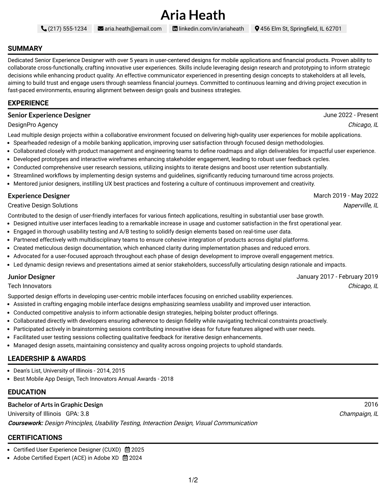 Resume Example Page 1
