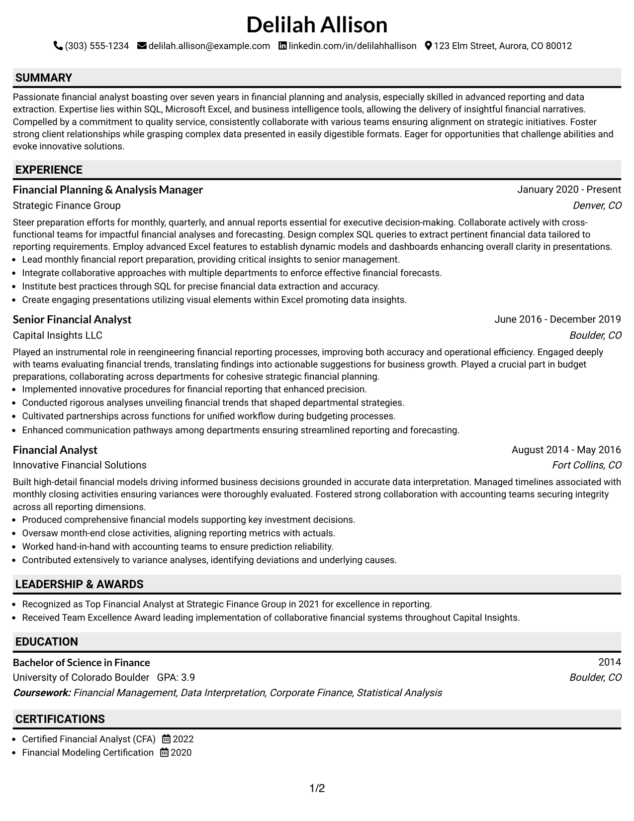 Resume Example Page 1