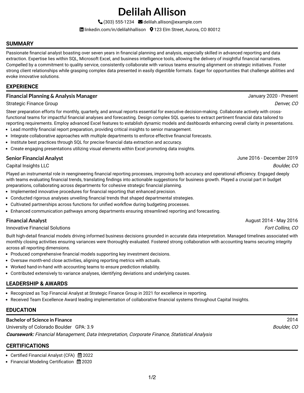 Resume Example Page 1