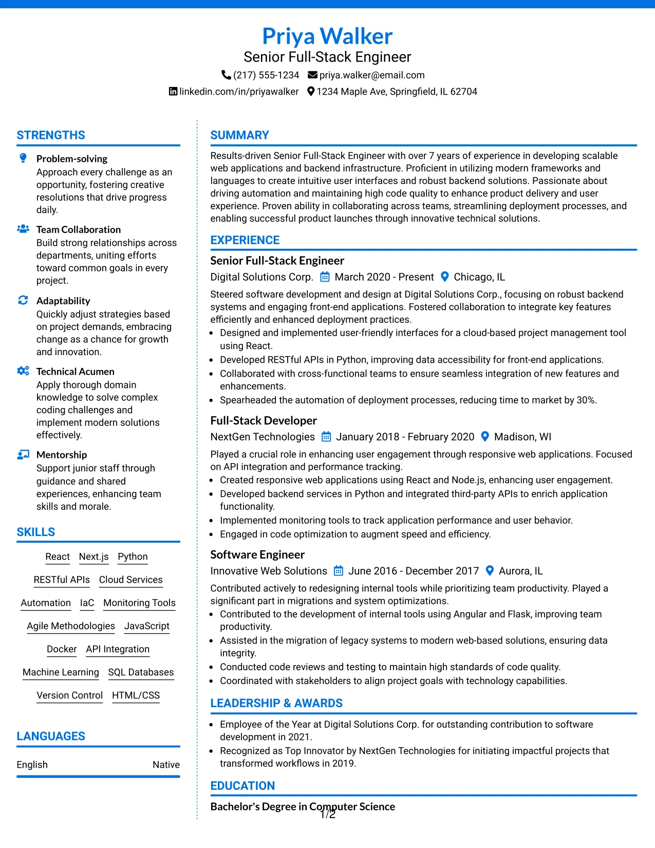Resume Example Page 1