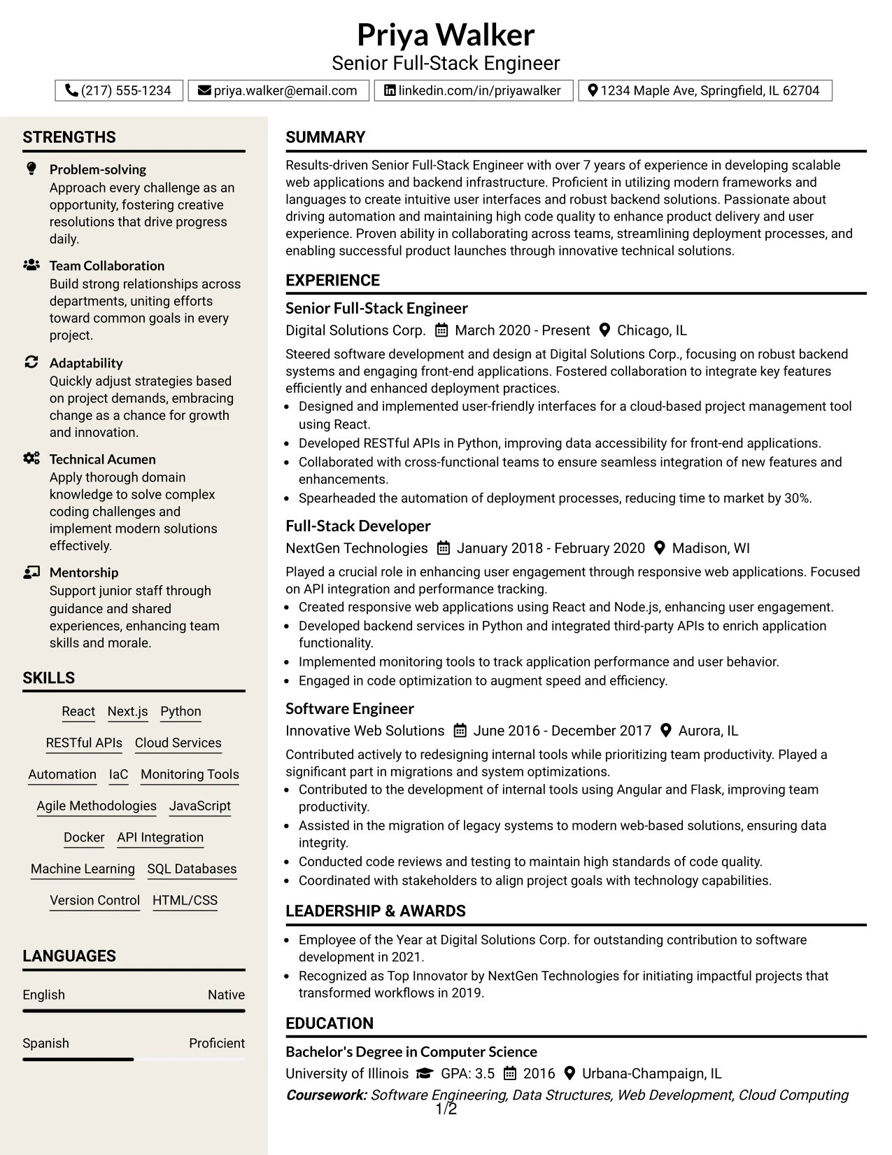 Resume Example Page 1