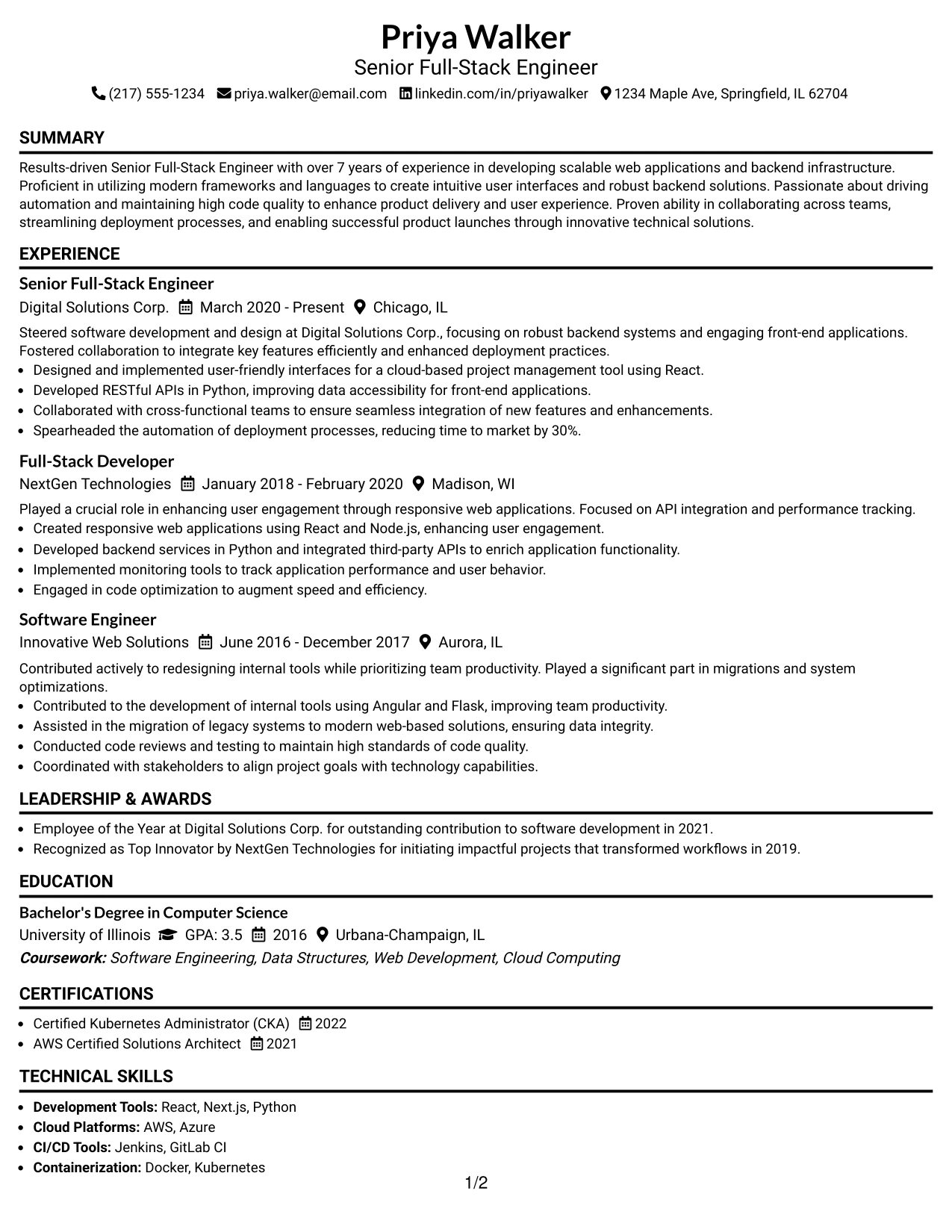 Resume Example Page 1