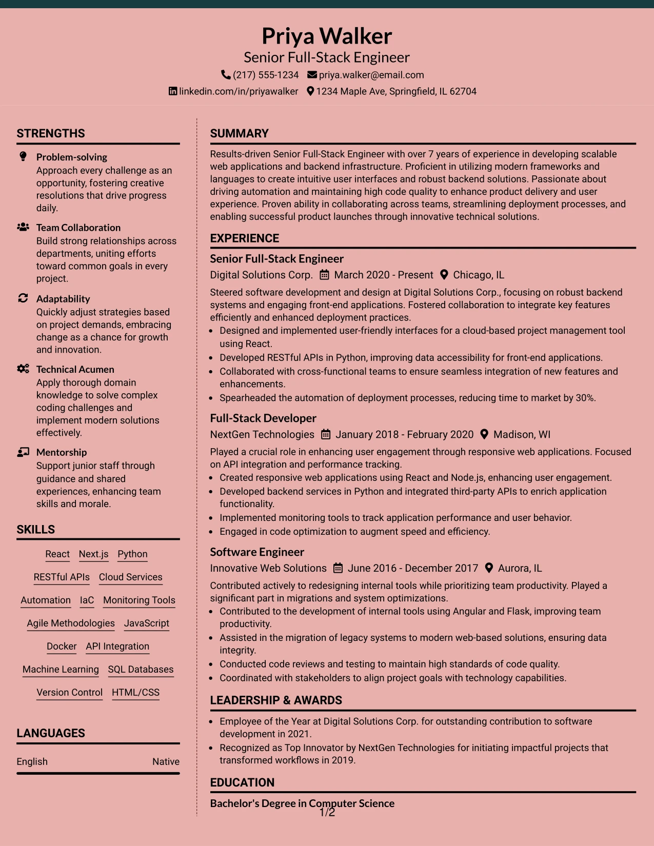 Resume Example Page 1