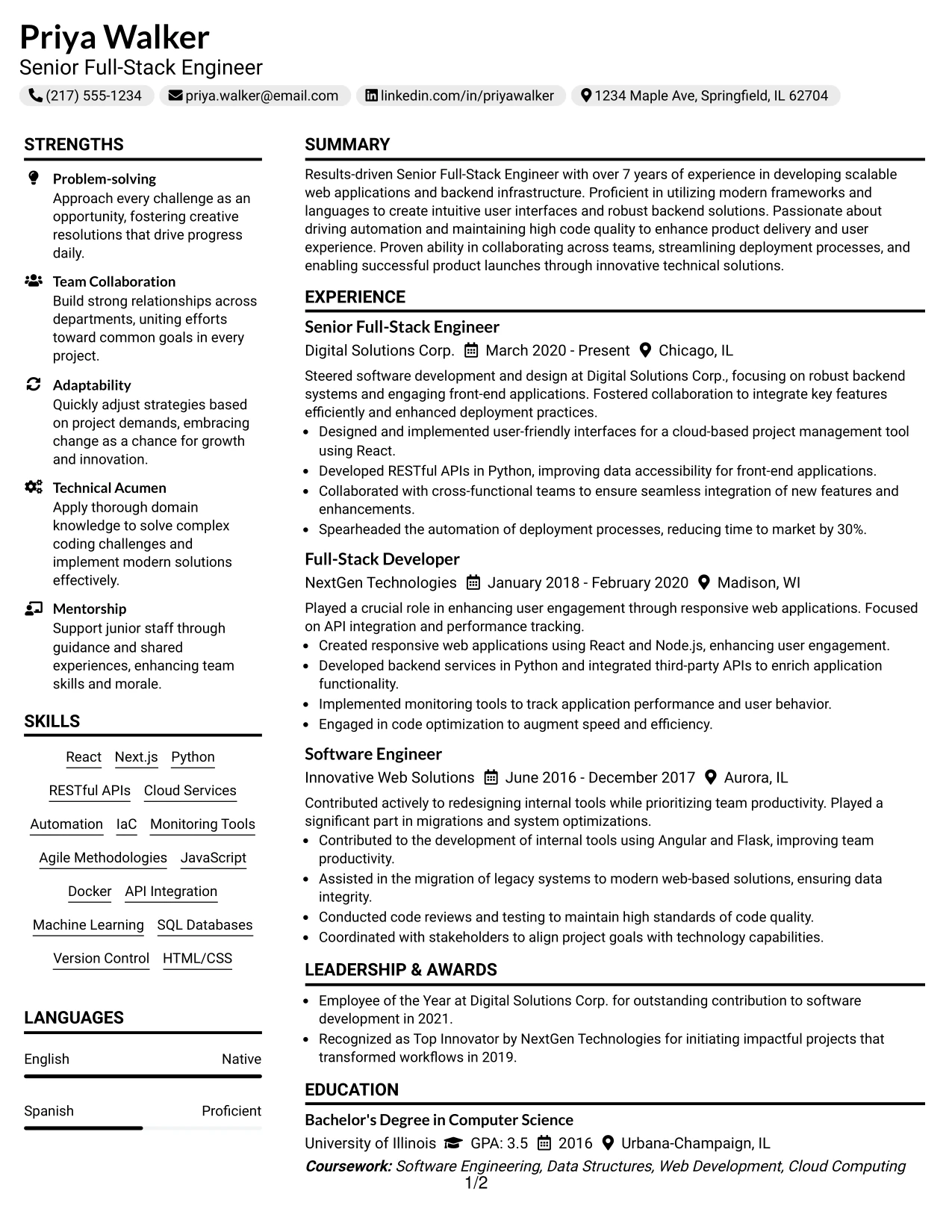 Resume Example Page 1