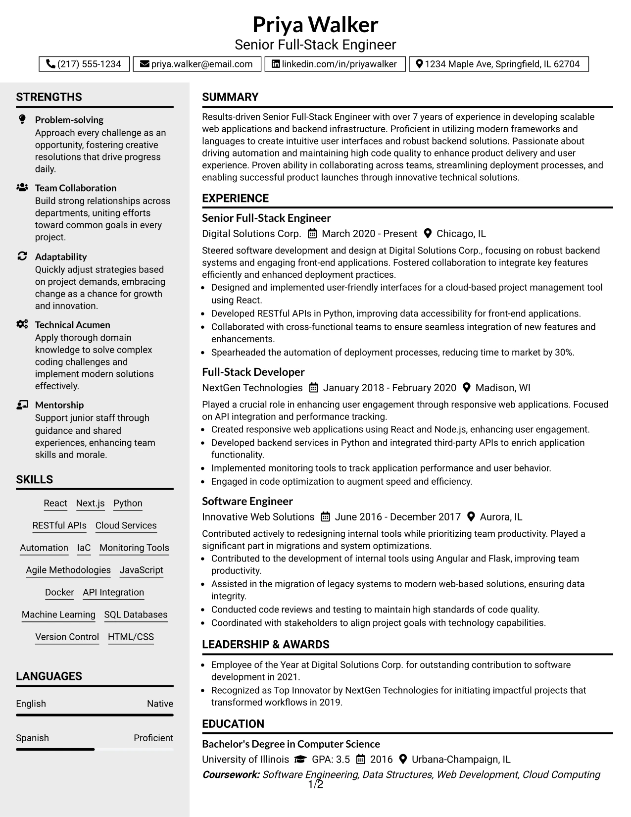 Resume Example Page 1