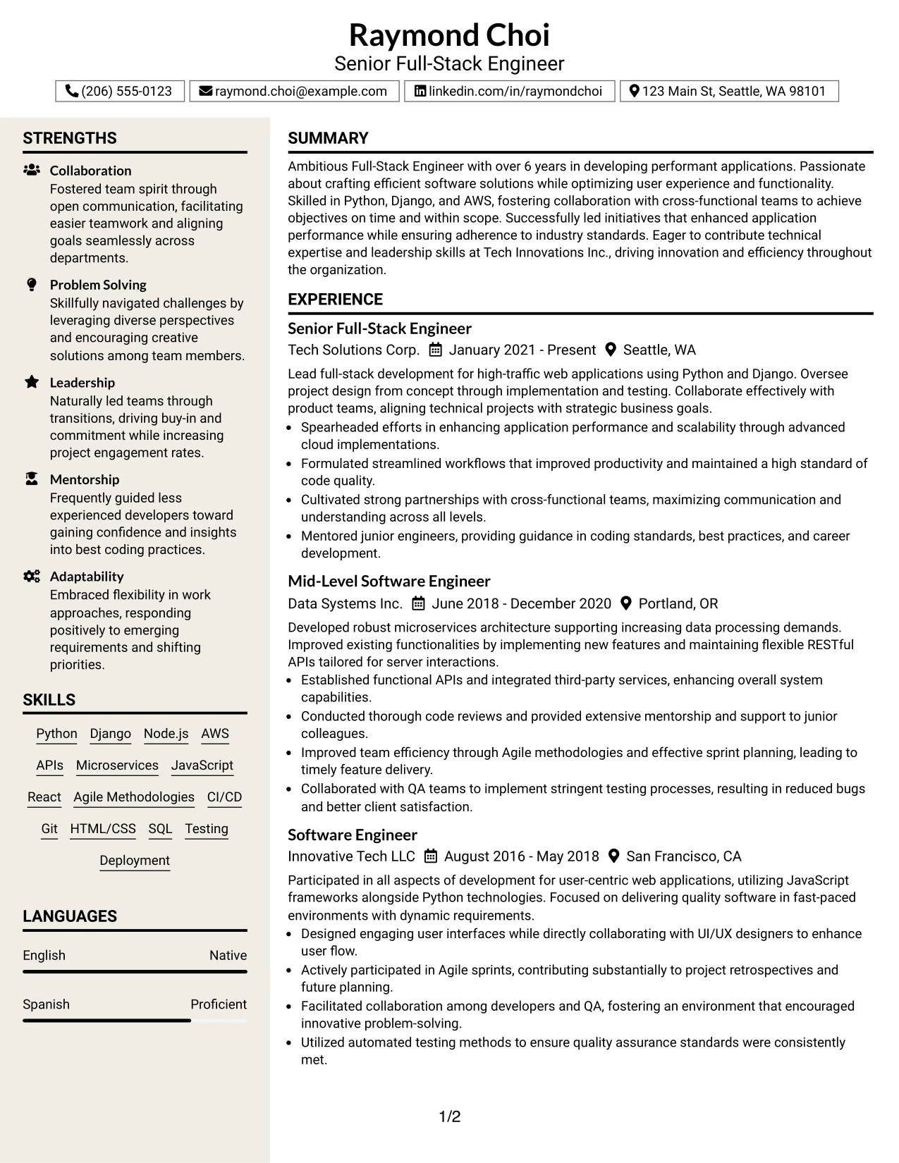 Resume Example Page 1