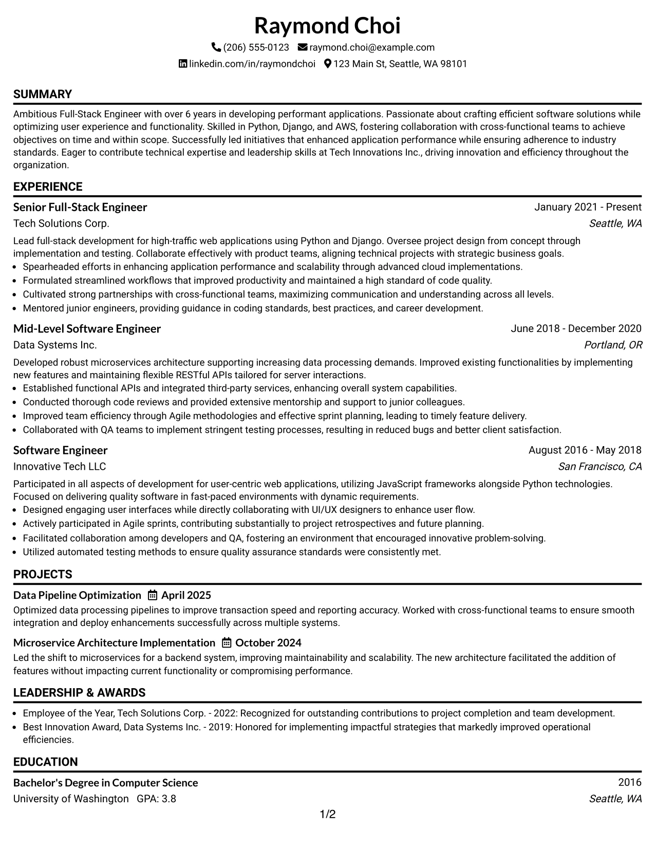 Resume Example Page 1