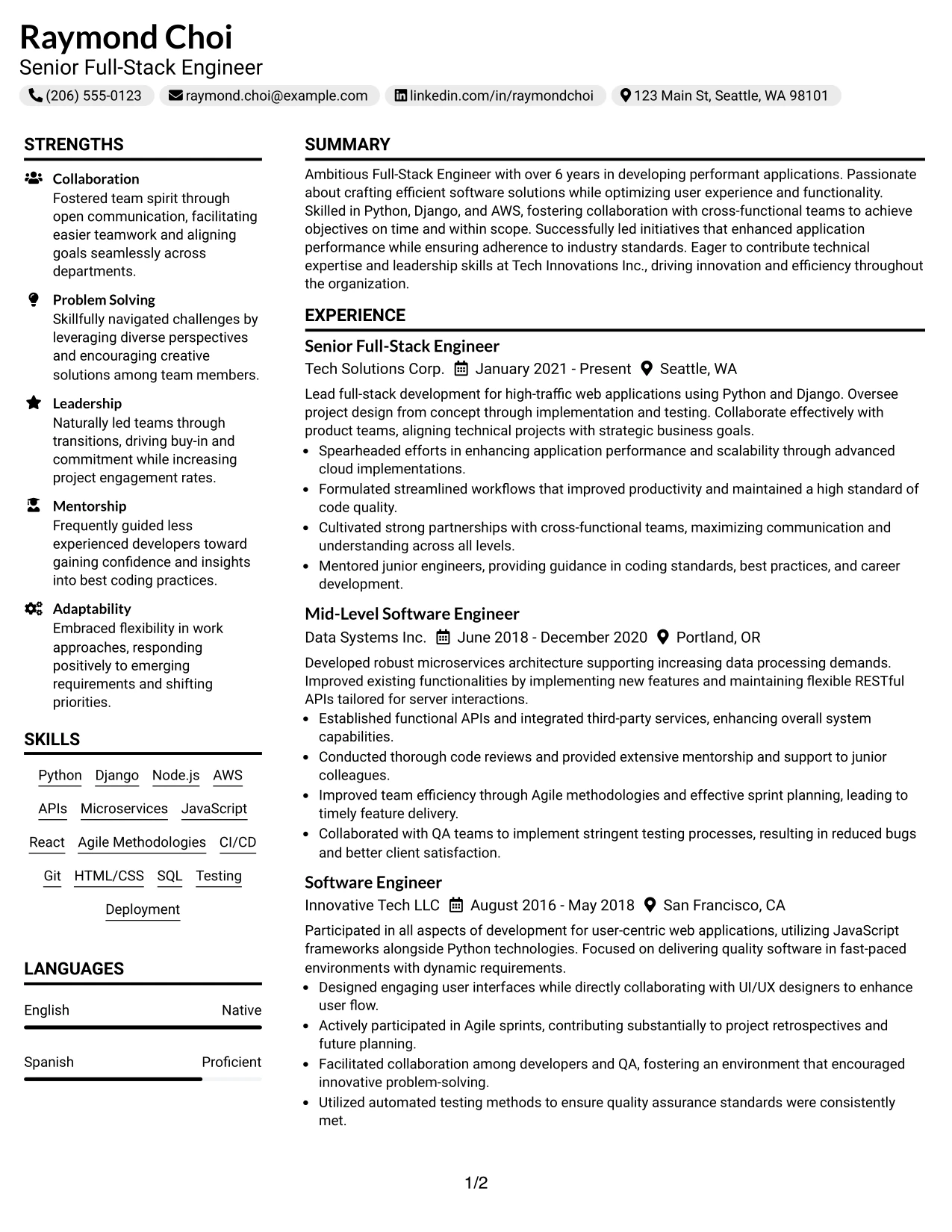 Resume Example Page 1