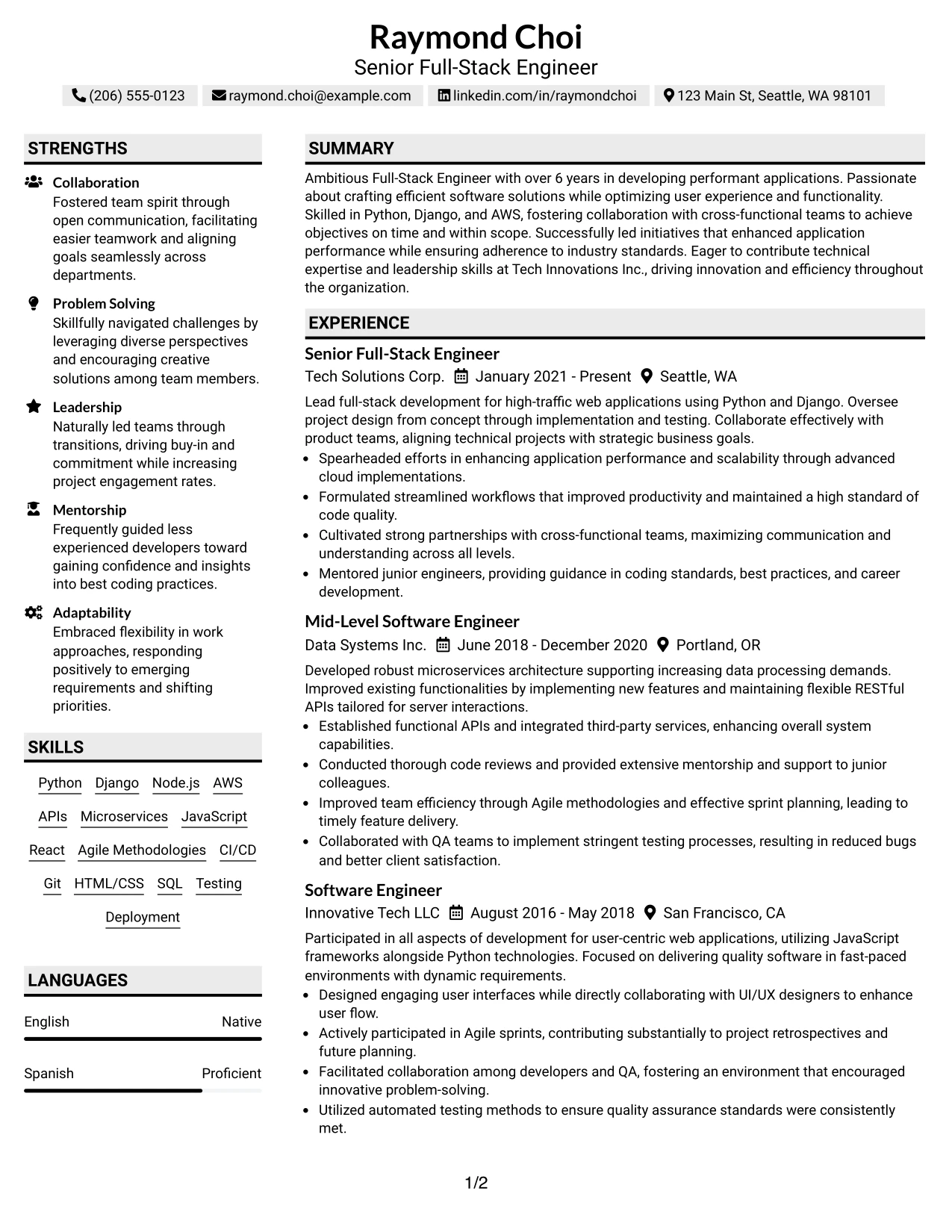 Resume Example Page 1