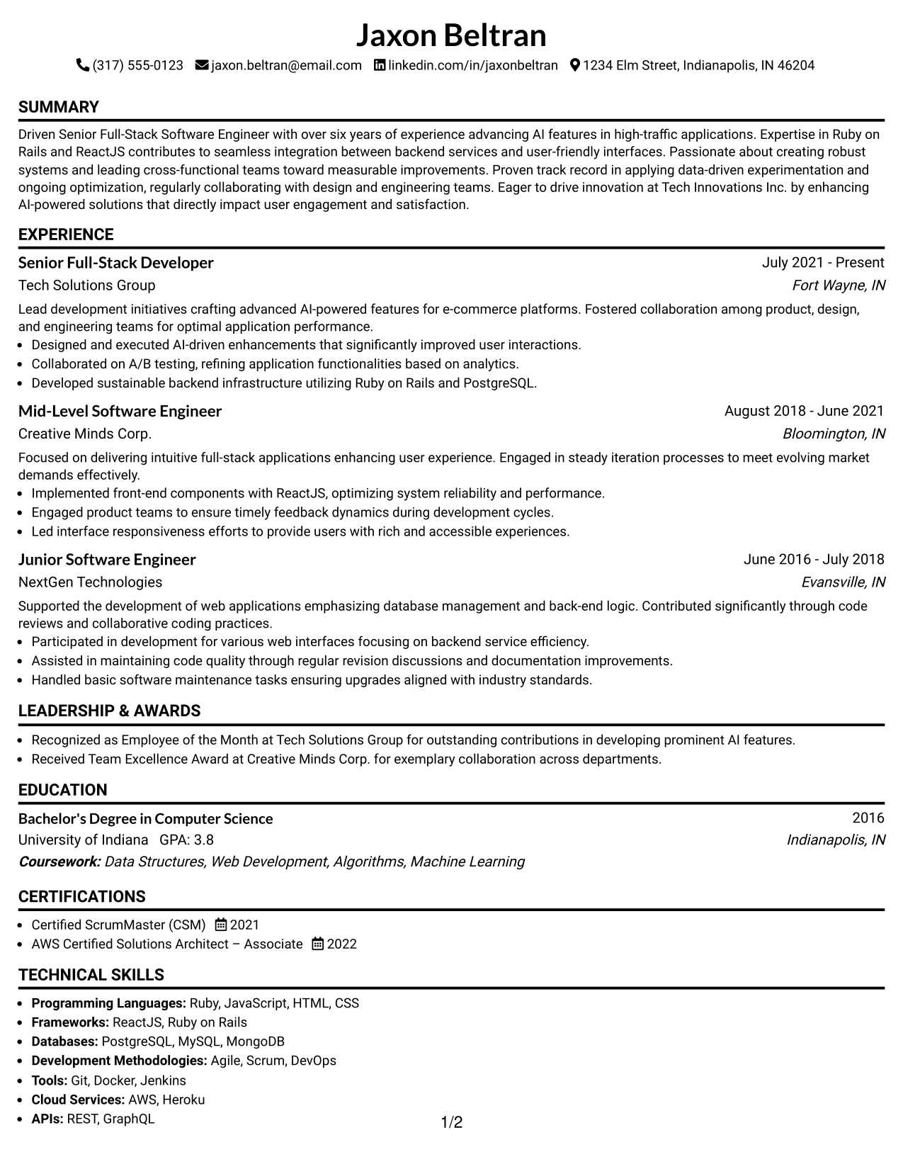 Resume Example Page 1