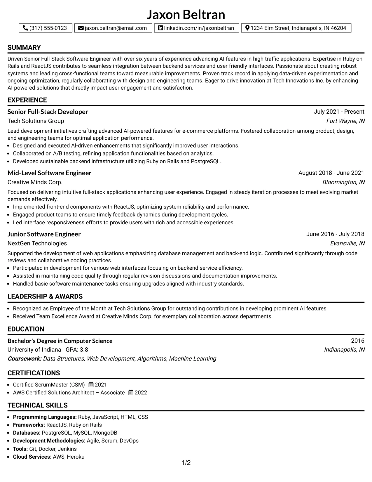 Resume Example Page 1