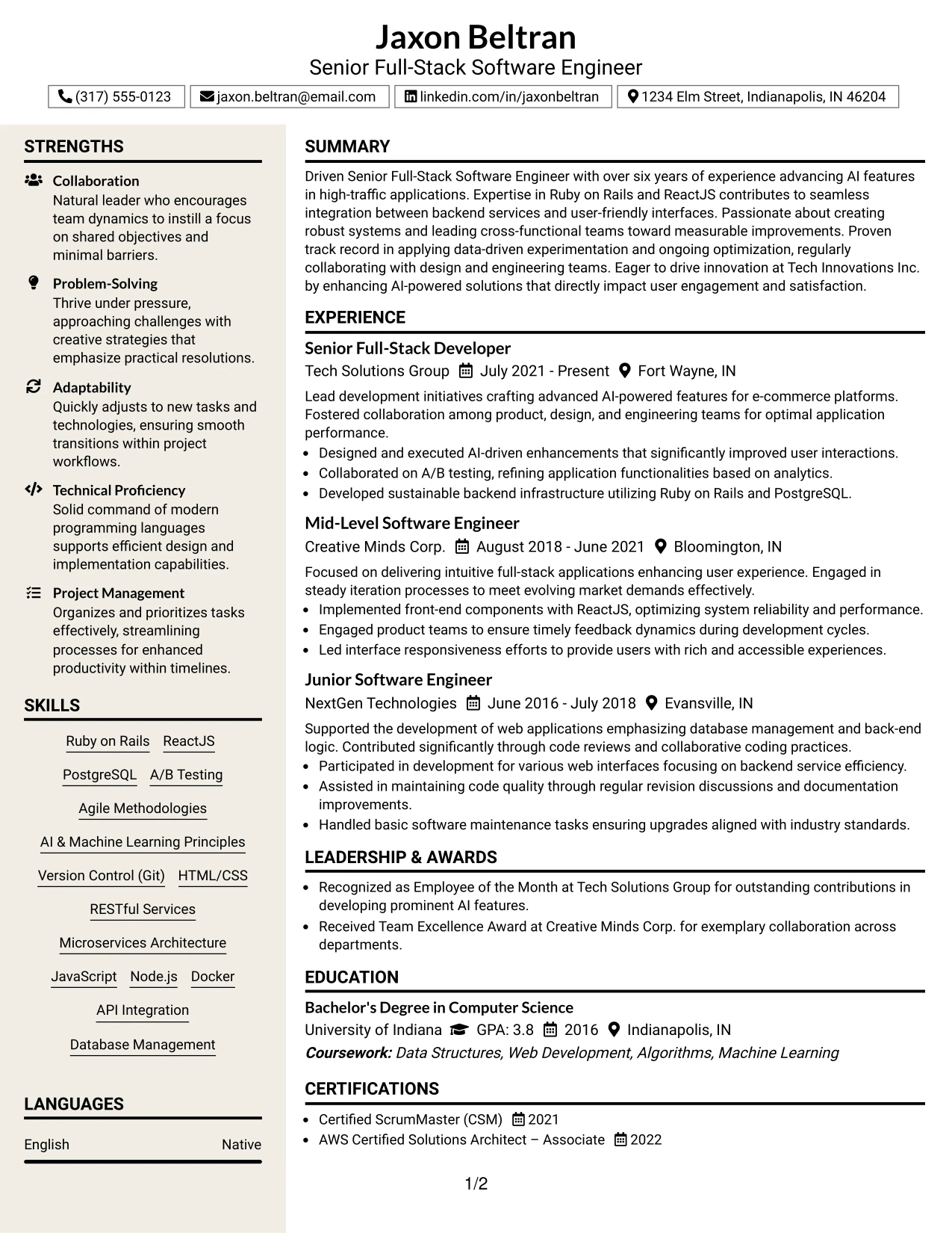 Resume Example Page 1