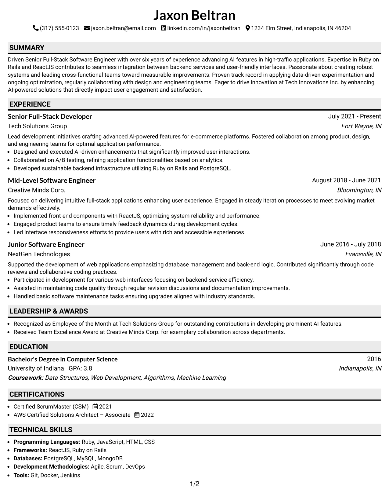 Resume Example Page 1