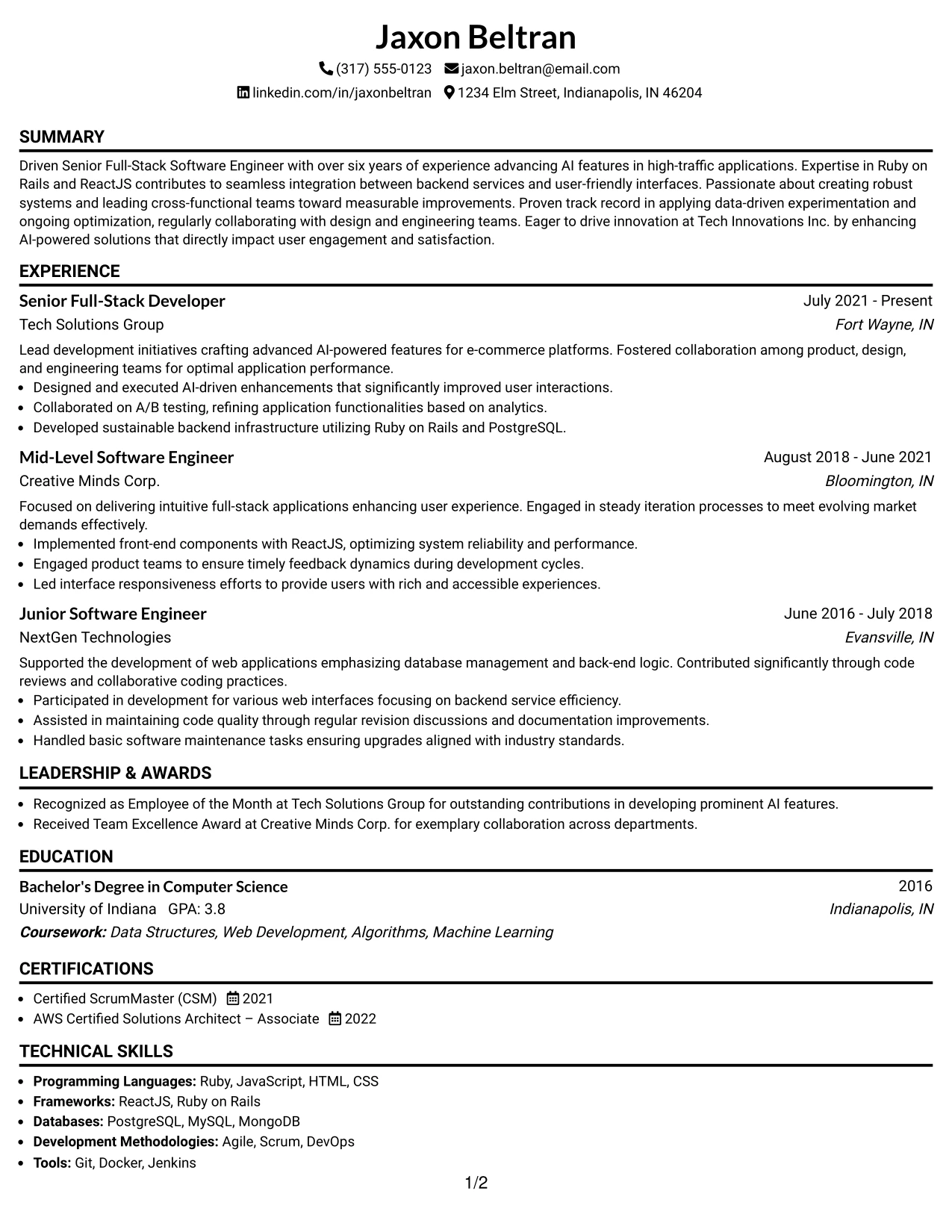 Resume Example Page 1