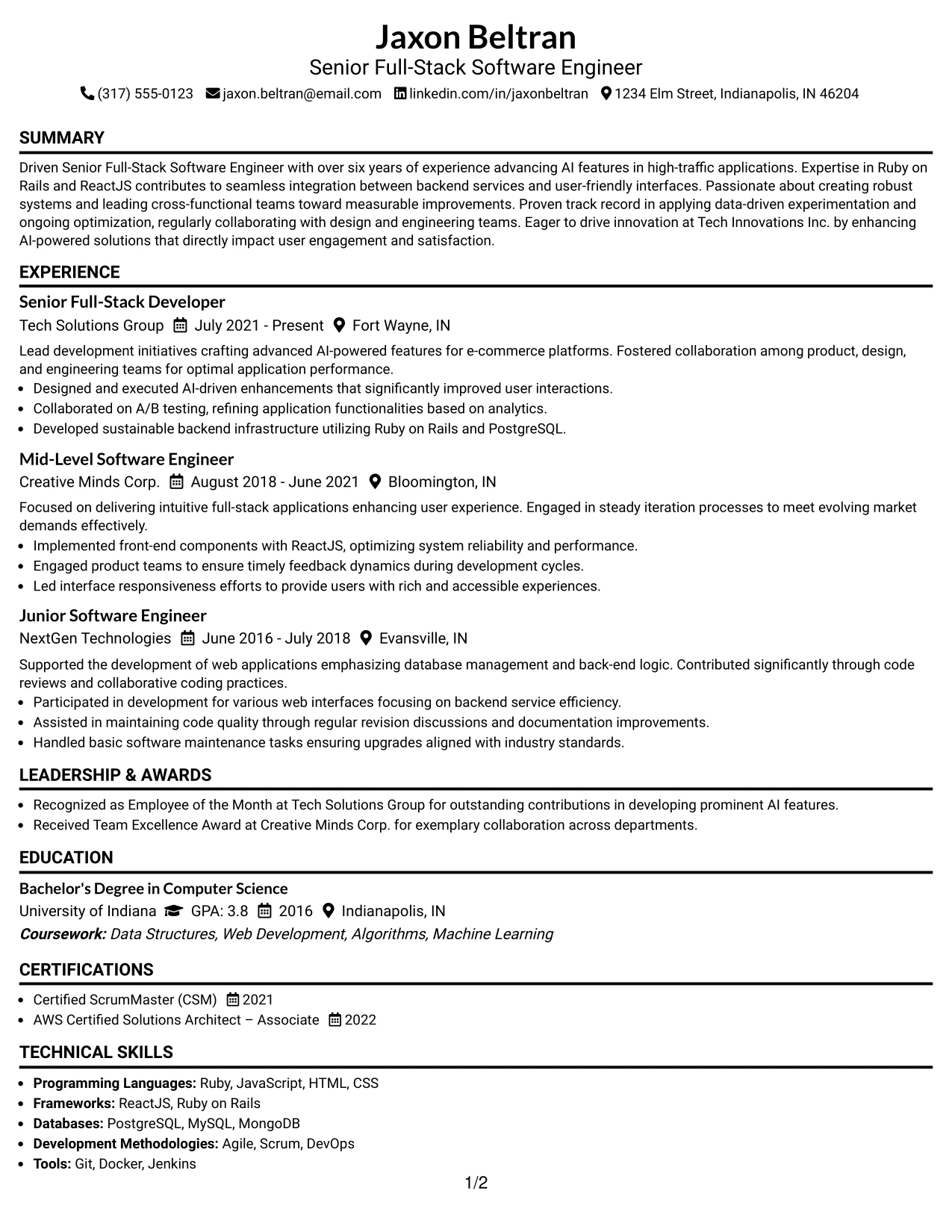 Resume Example Page 1