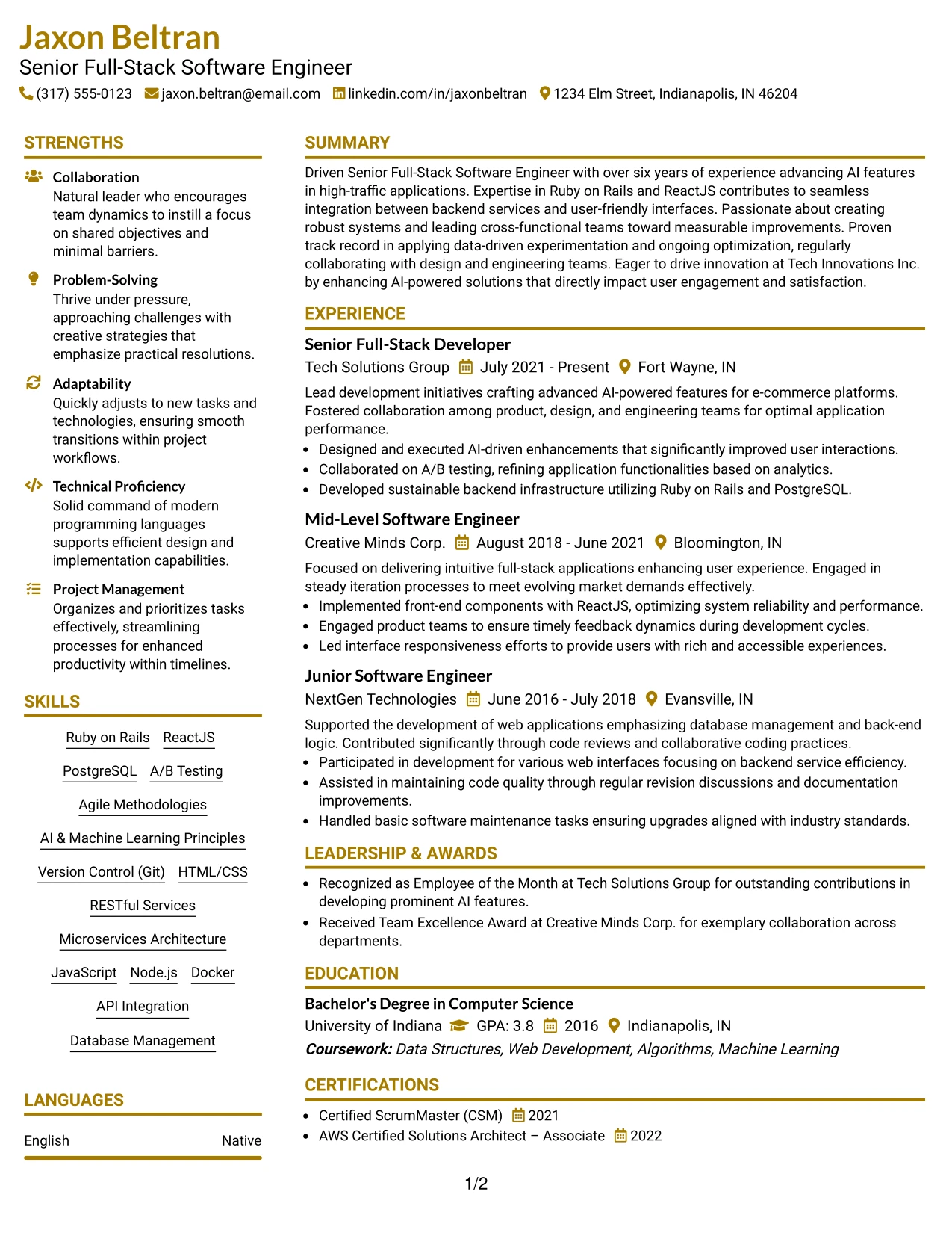 Resume Example Page 1