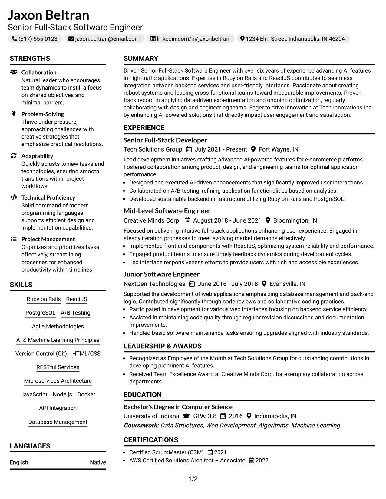 Resume Example Page 1