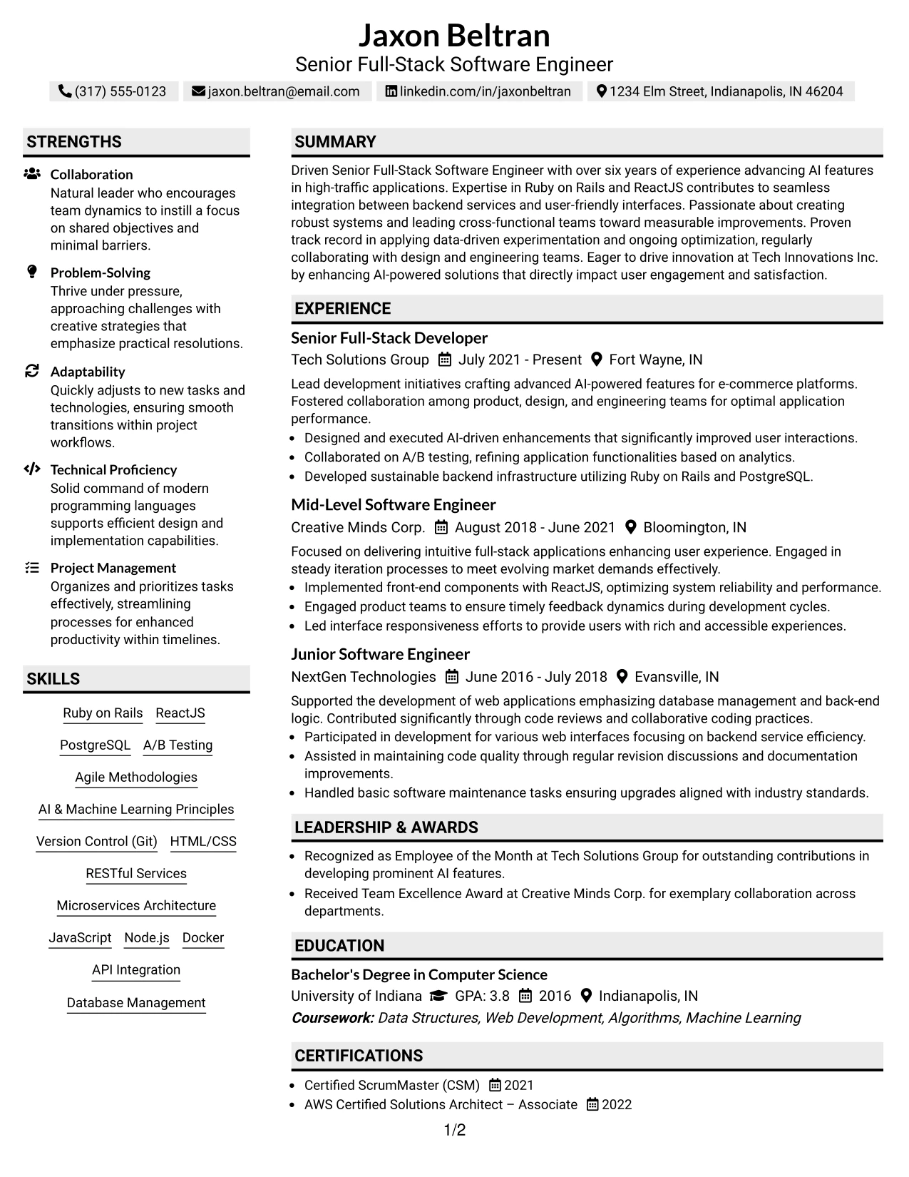 Resume Example Page 1