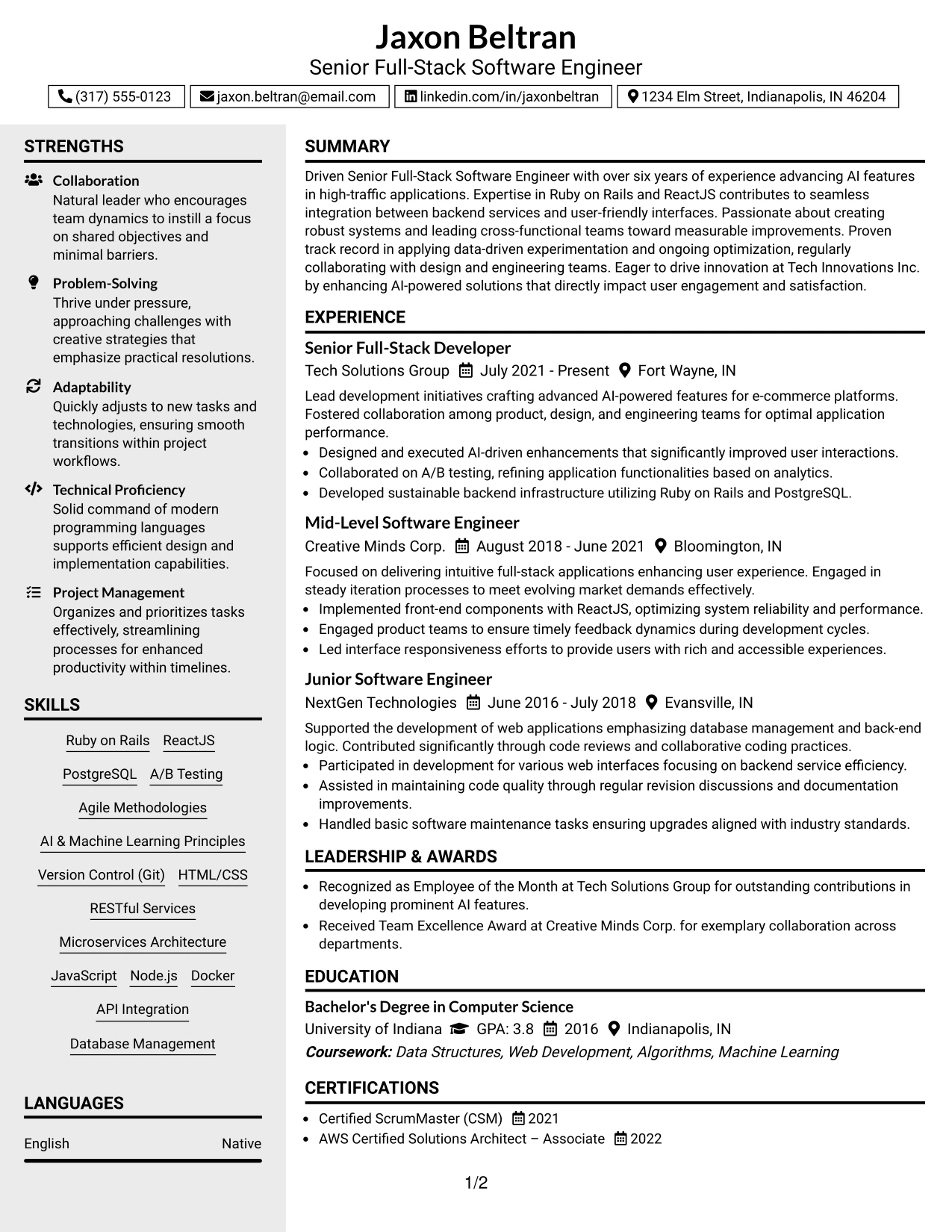 Resume Example Page 1