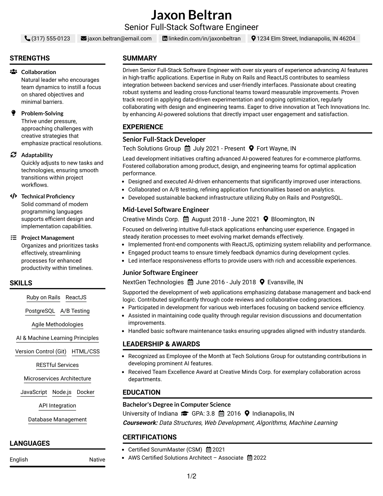 Resume Example Page 1