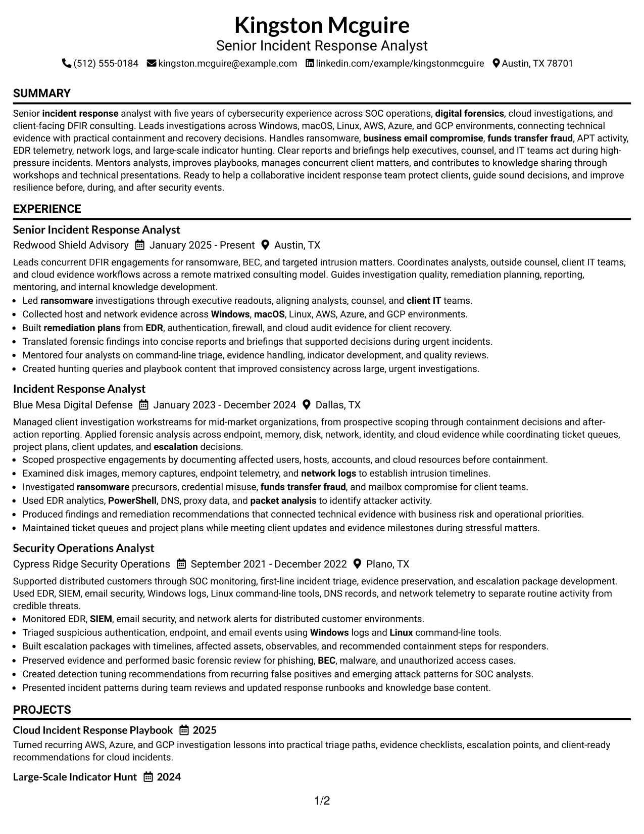 Resume Example Page 1
