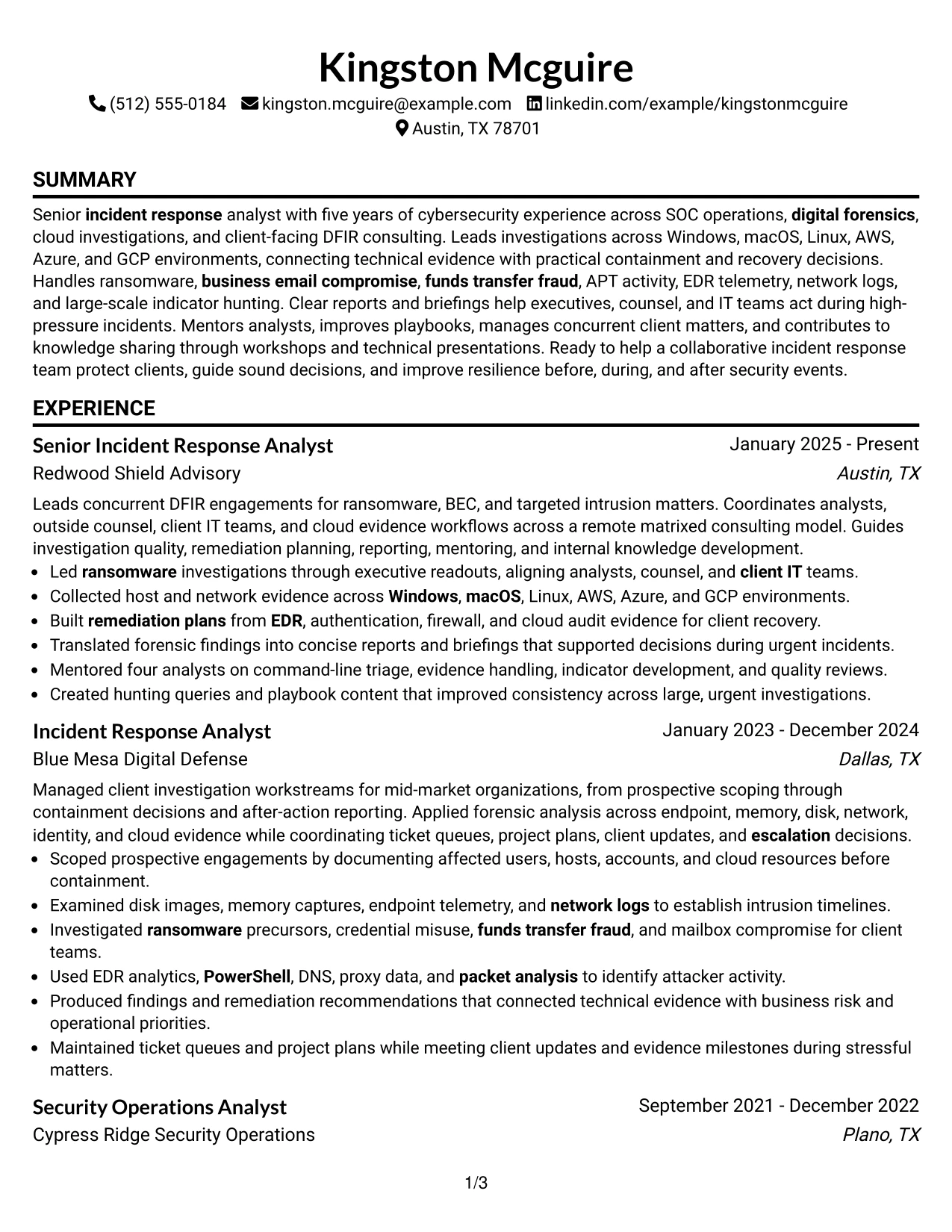 Resume Example Page 1