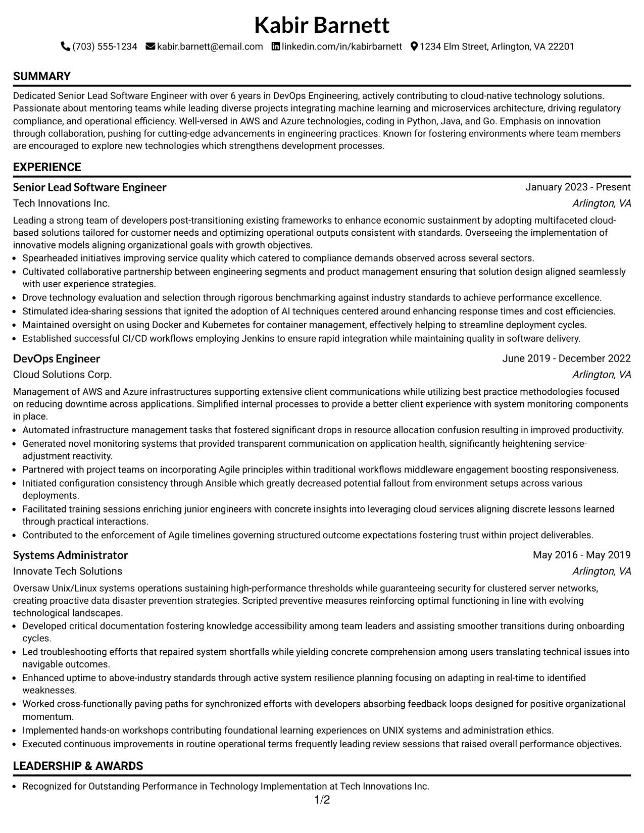 Resume Example Page 1