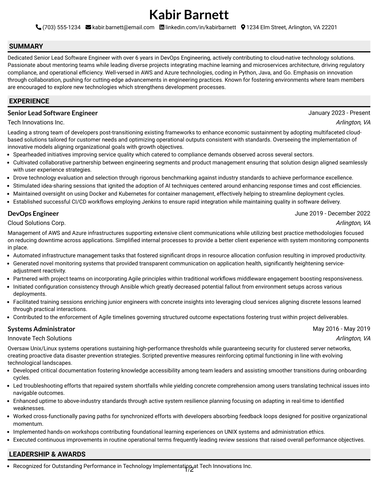 Resume Example Page 1