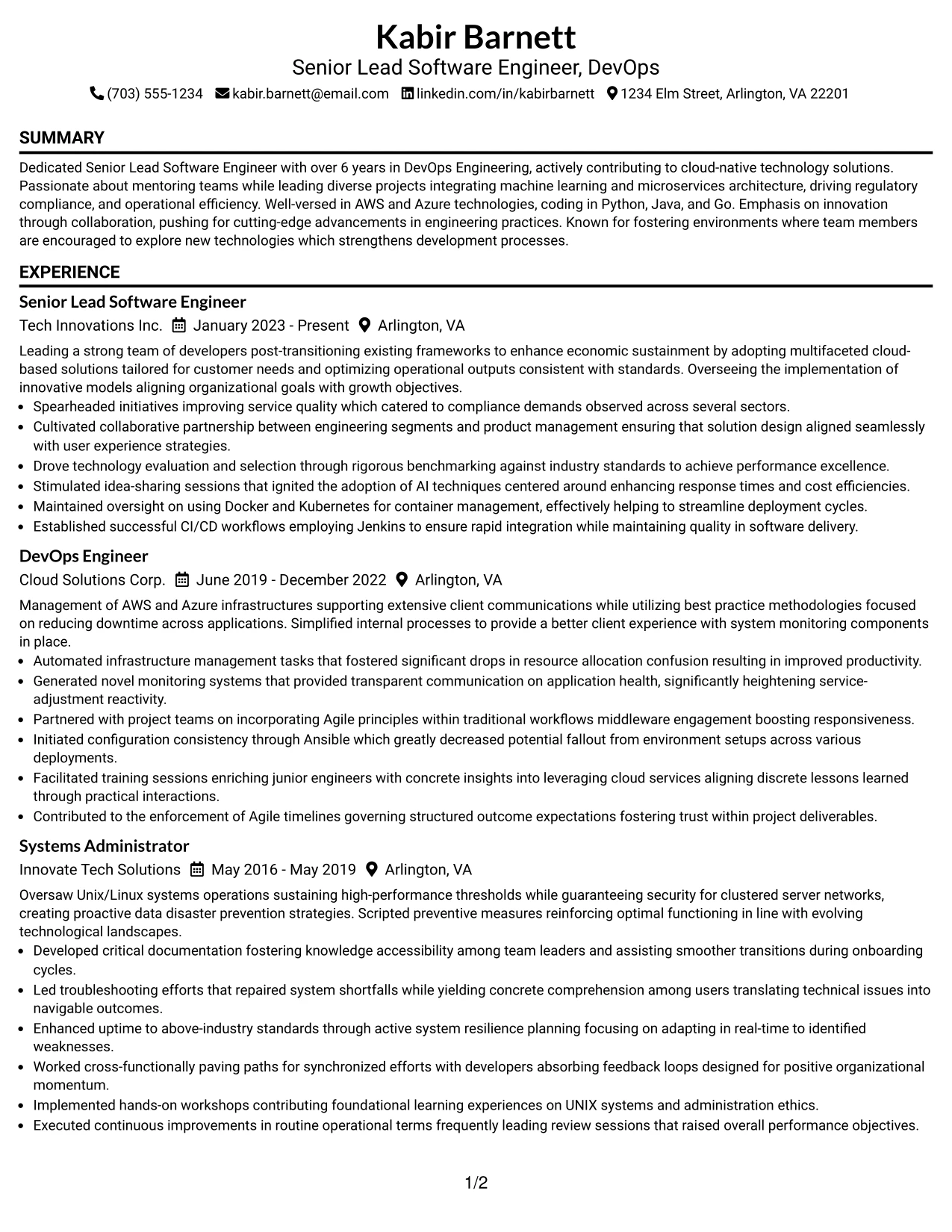 Resume Example Page 1