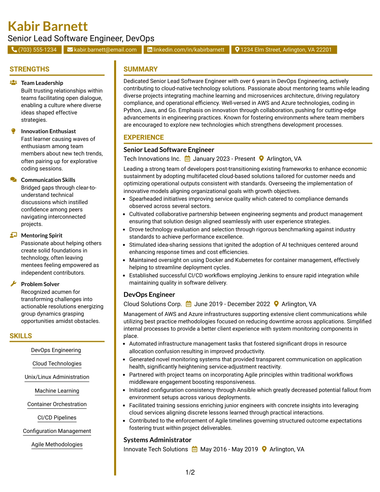Resume Example Page 1