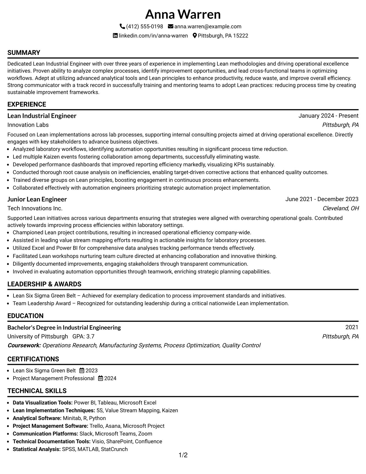 Resume Example Page 1