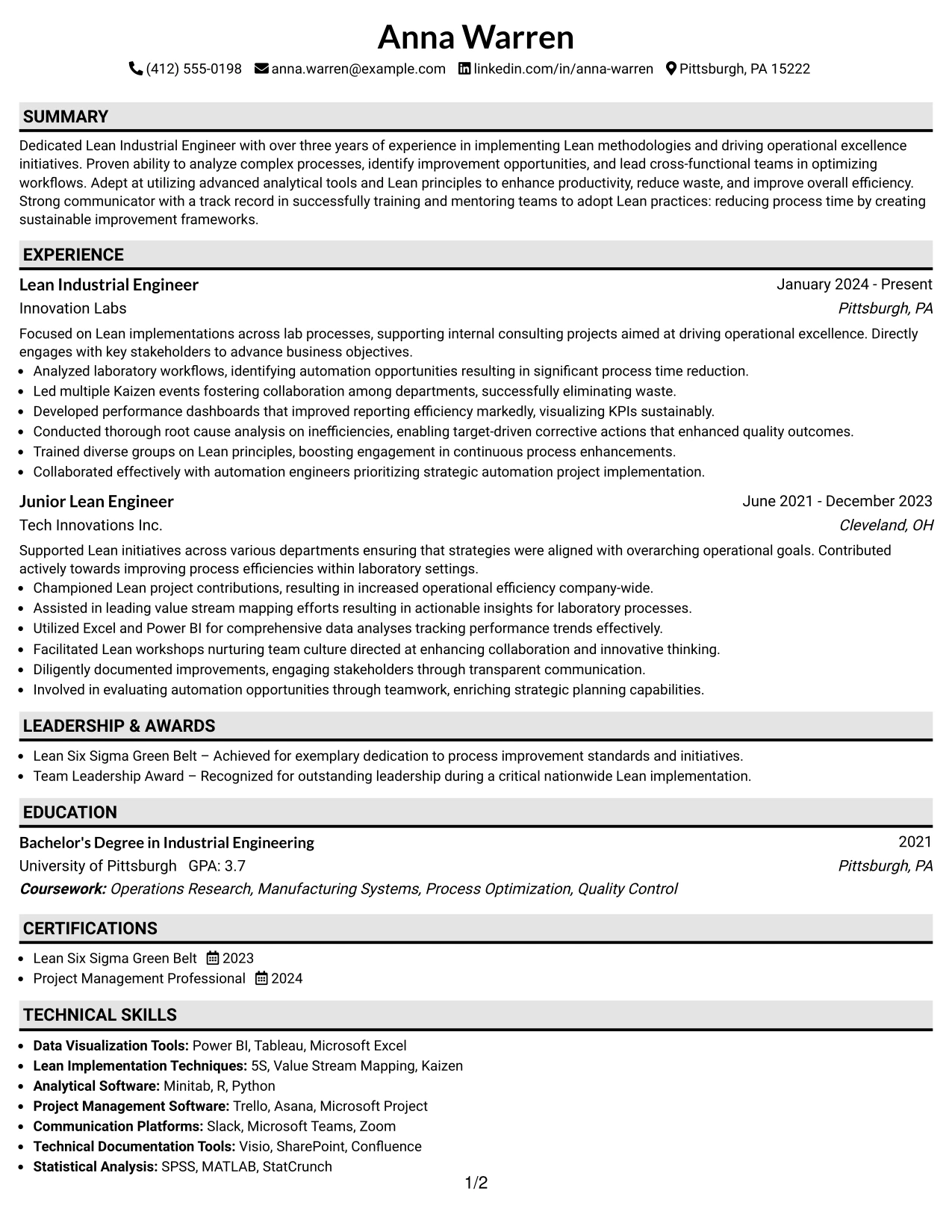 Resume Example Page 1