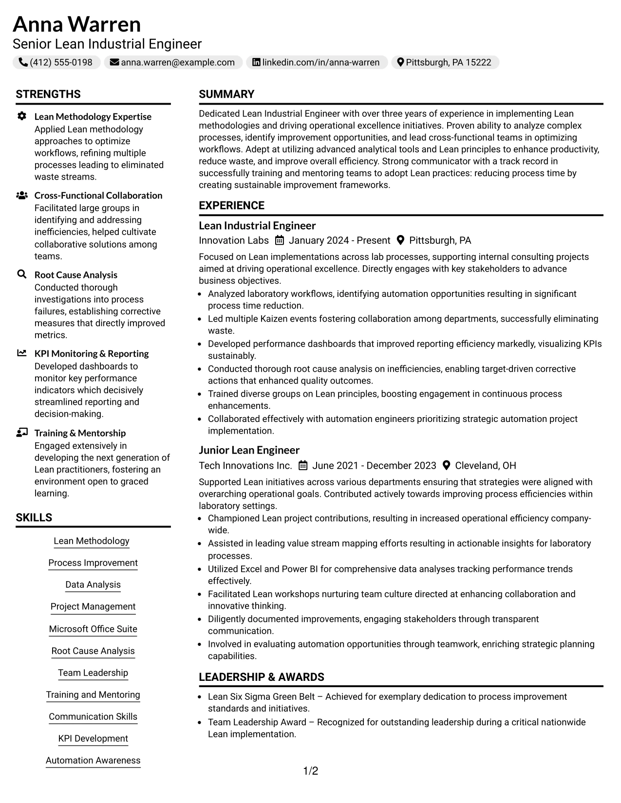 Resume Example Page 1