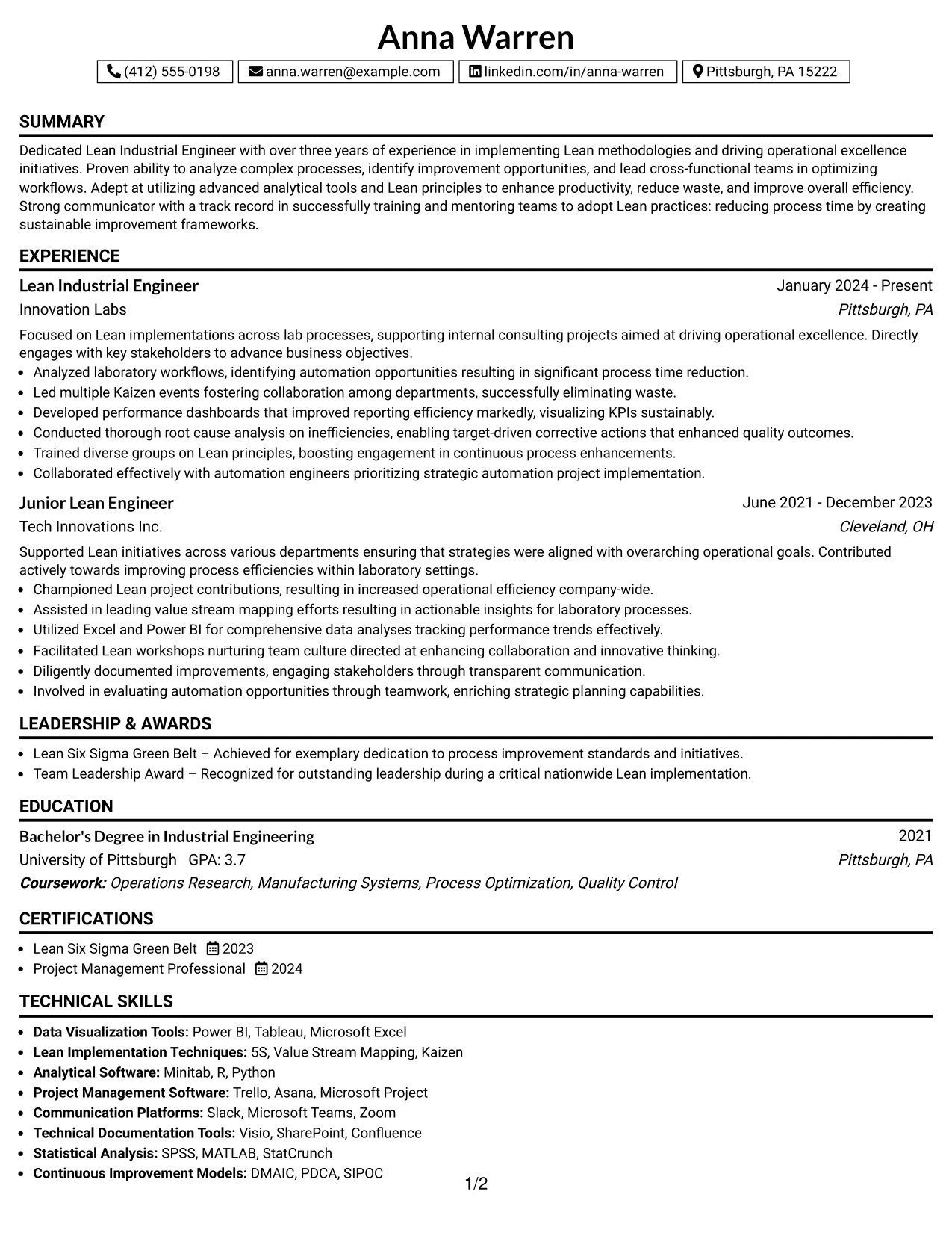 Resume Example Page 1