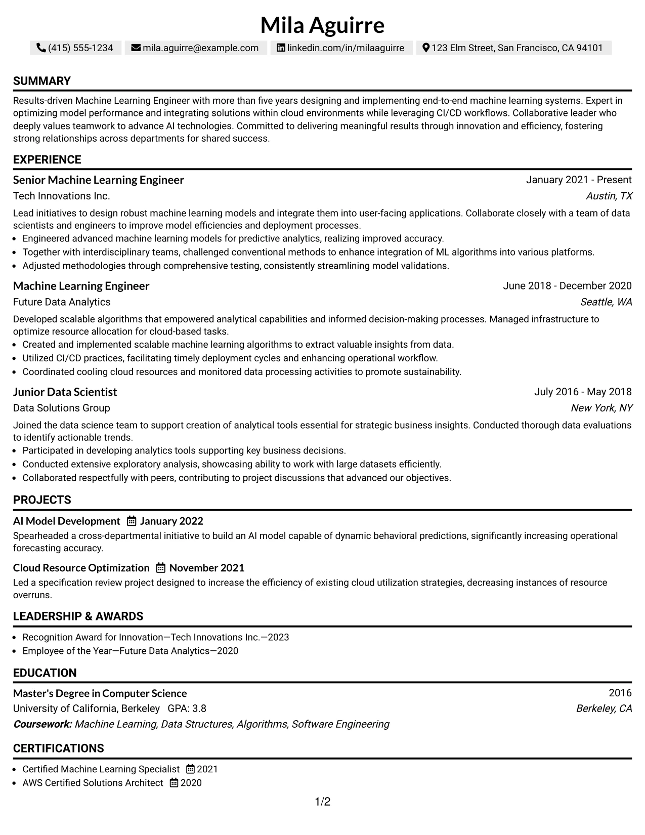 Resume Example Page 1