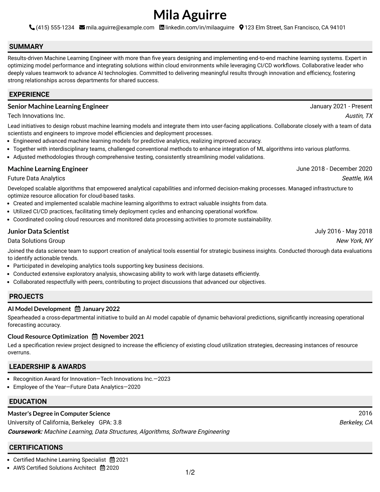 Resume Example Page 1