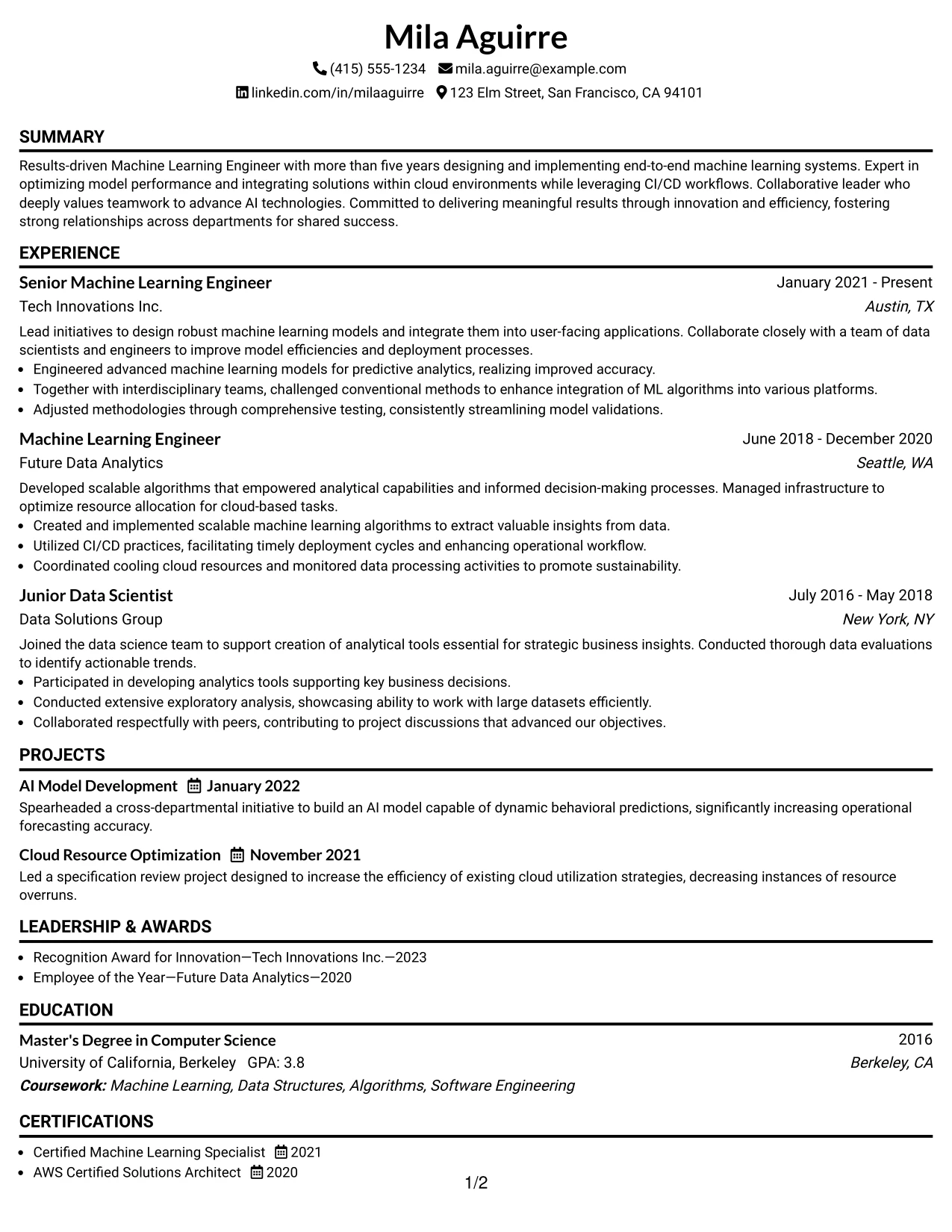 Resume Example Page 1