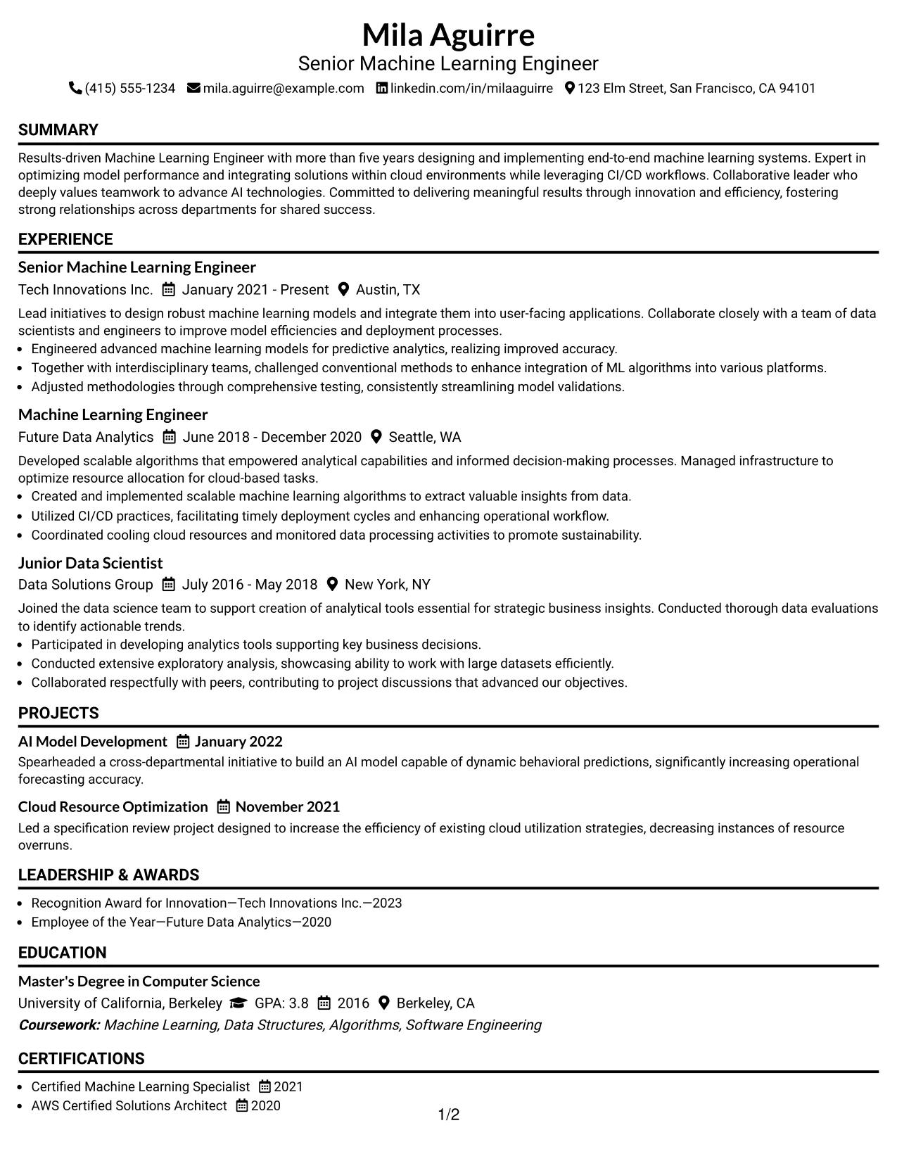 Resume Example Page 1