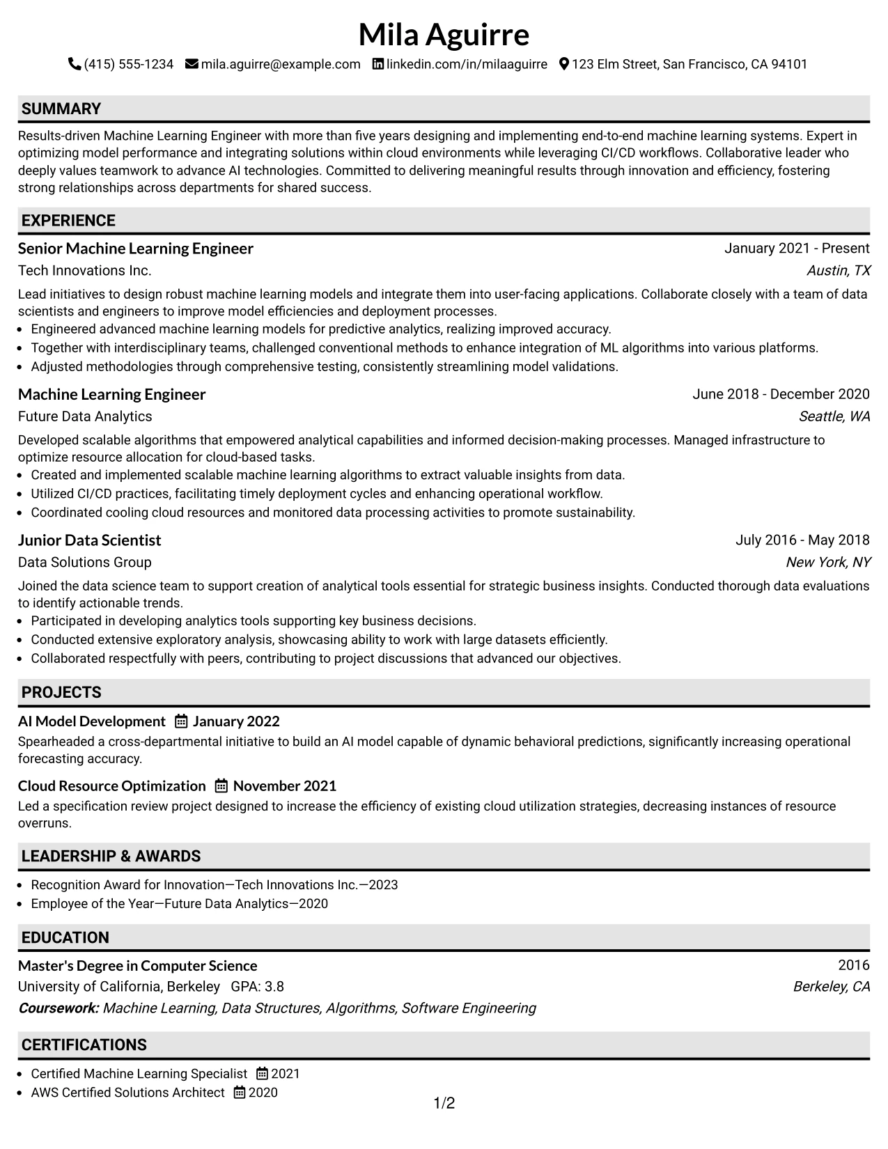 Resume Example Page 1