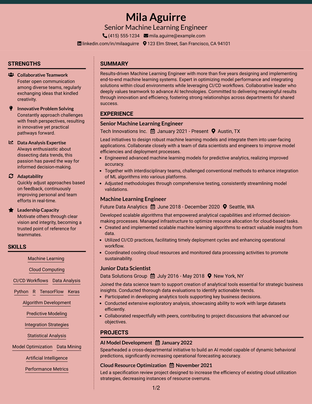 Resume Example Page 1