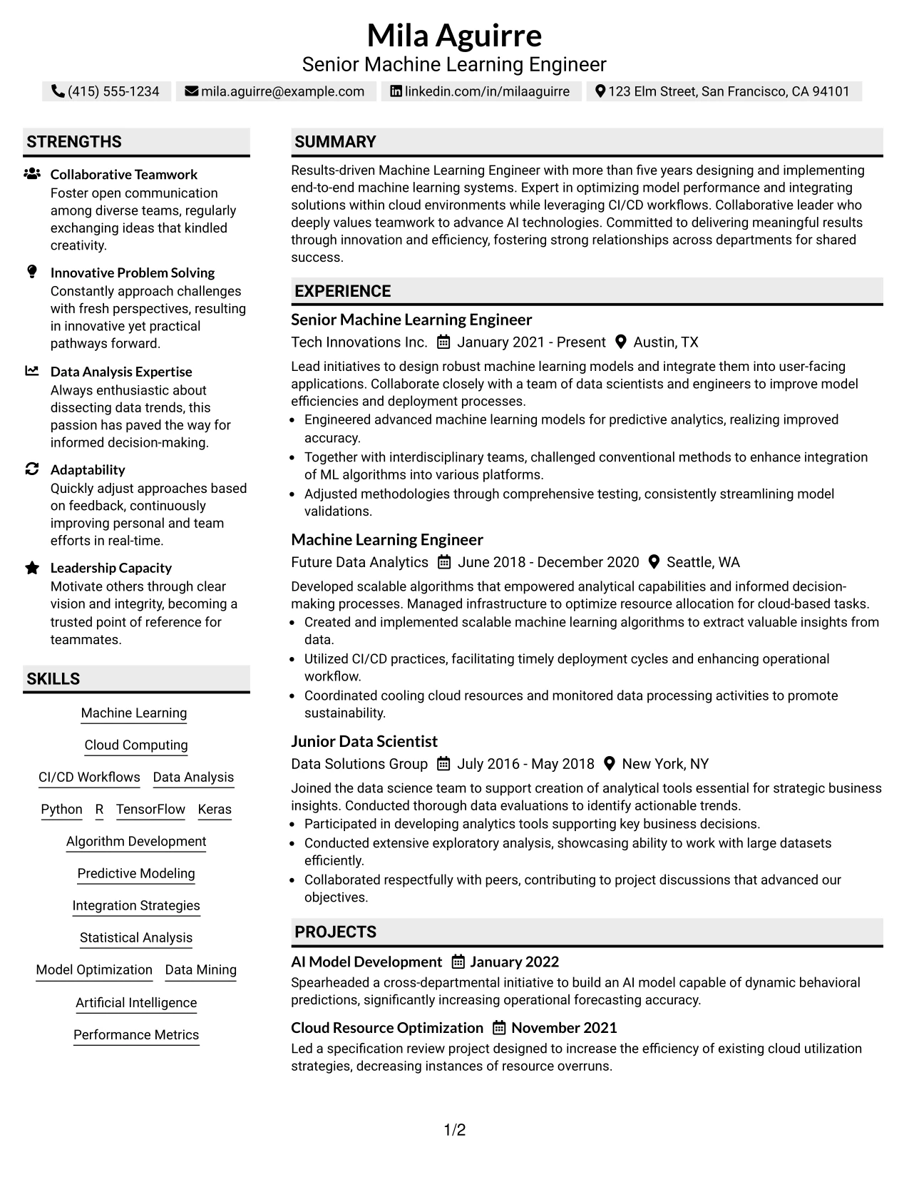 Resume Example Page 1