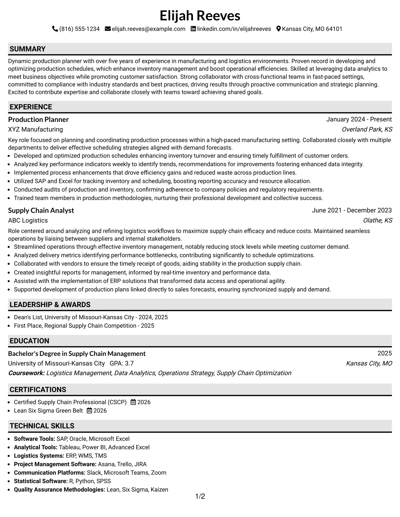 Resume Example Page 1
