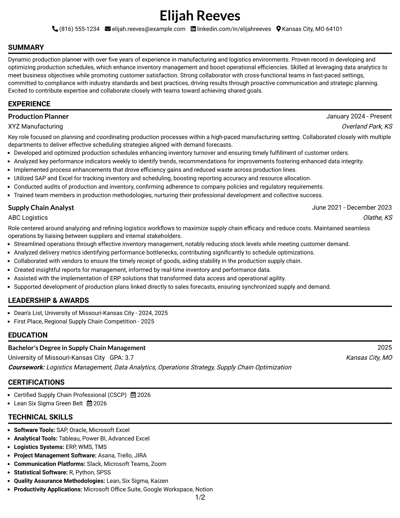 Resume Example Page 1