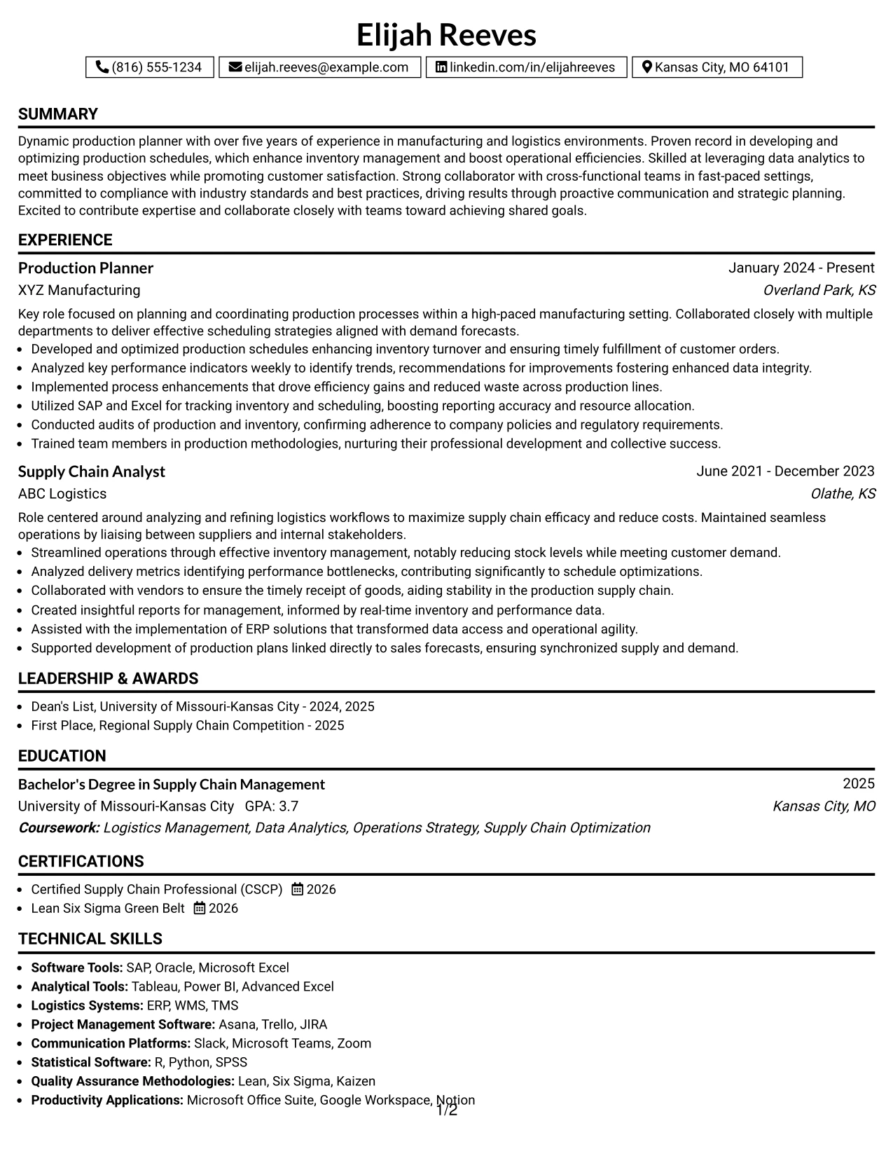 Resume Example Page 1