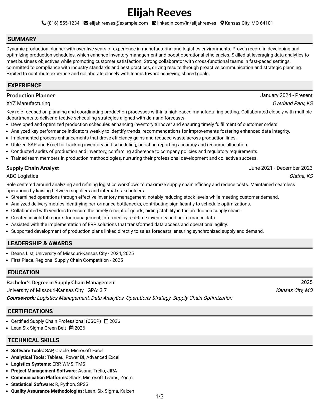 Resume Example Page 1