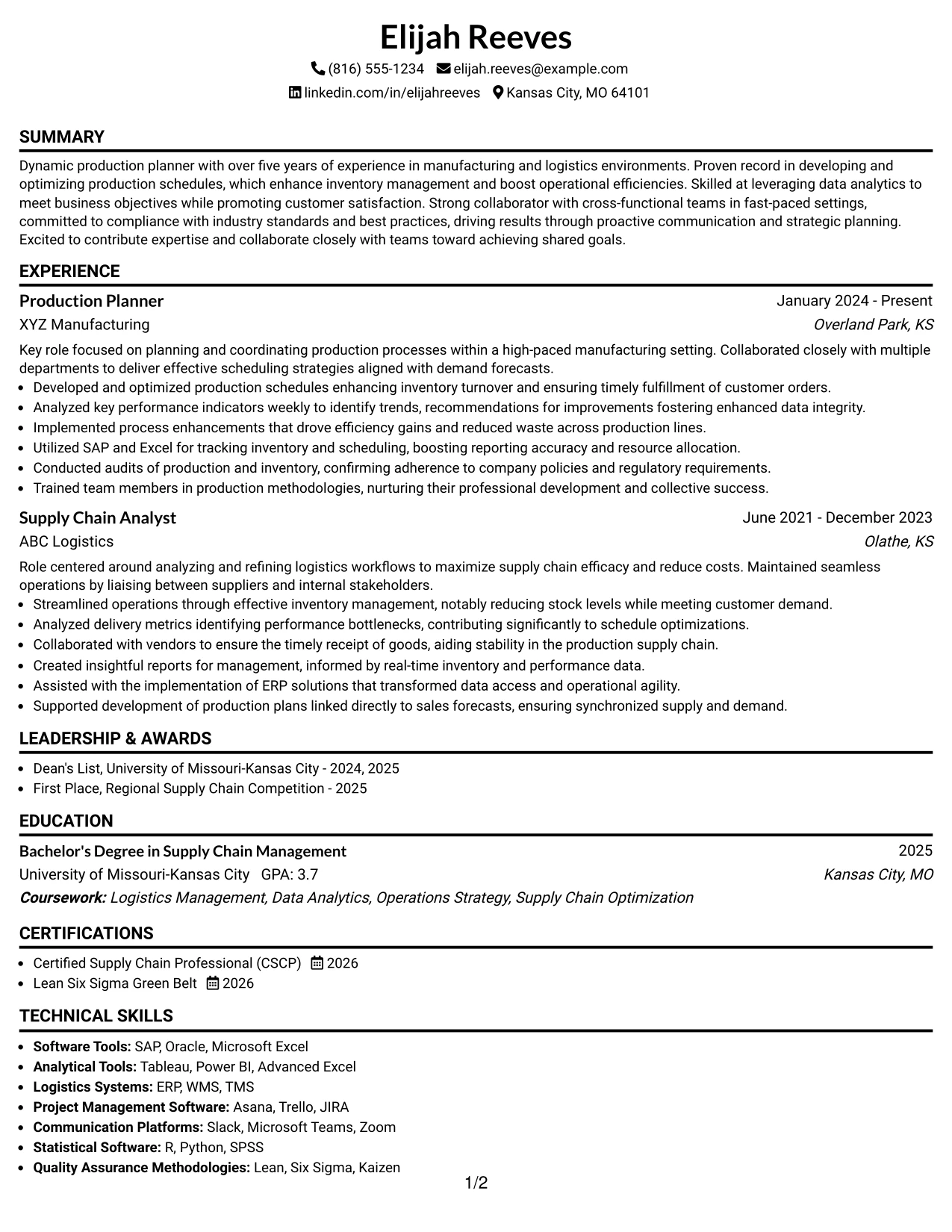 Resume Example Page 1