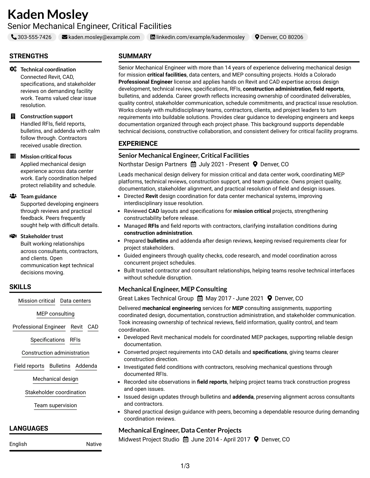 Resume Example Page 1