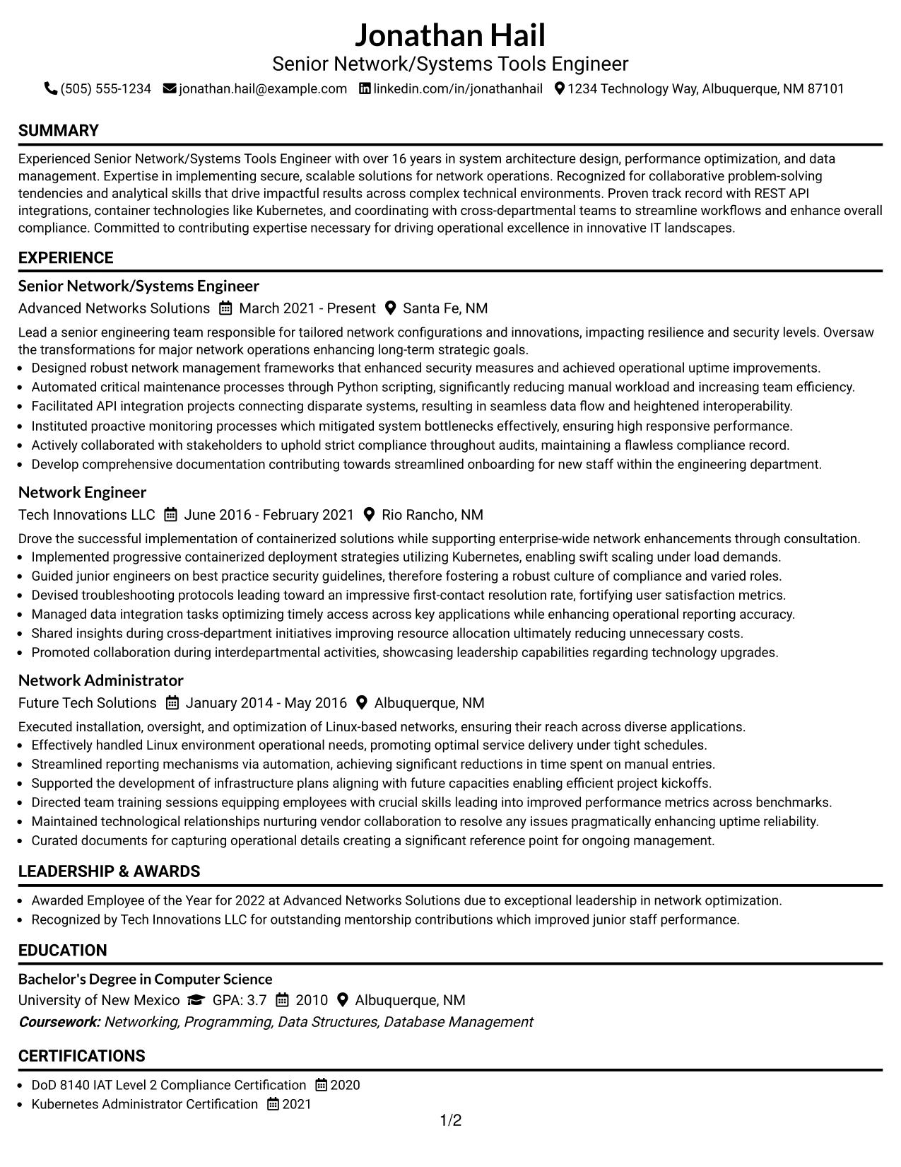 Resume Example Page 1