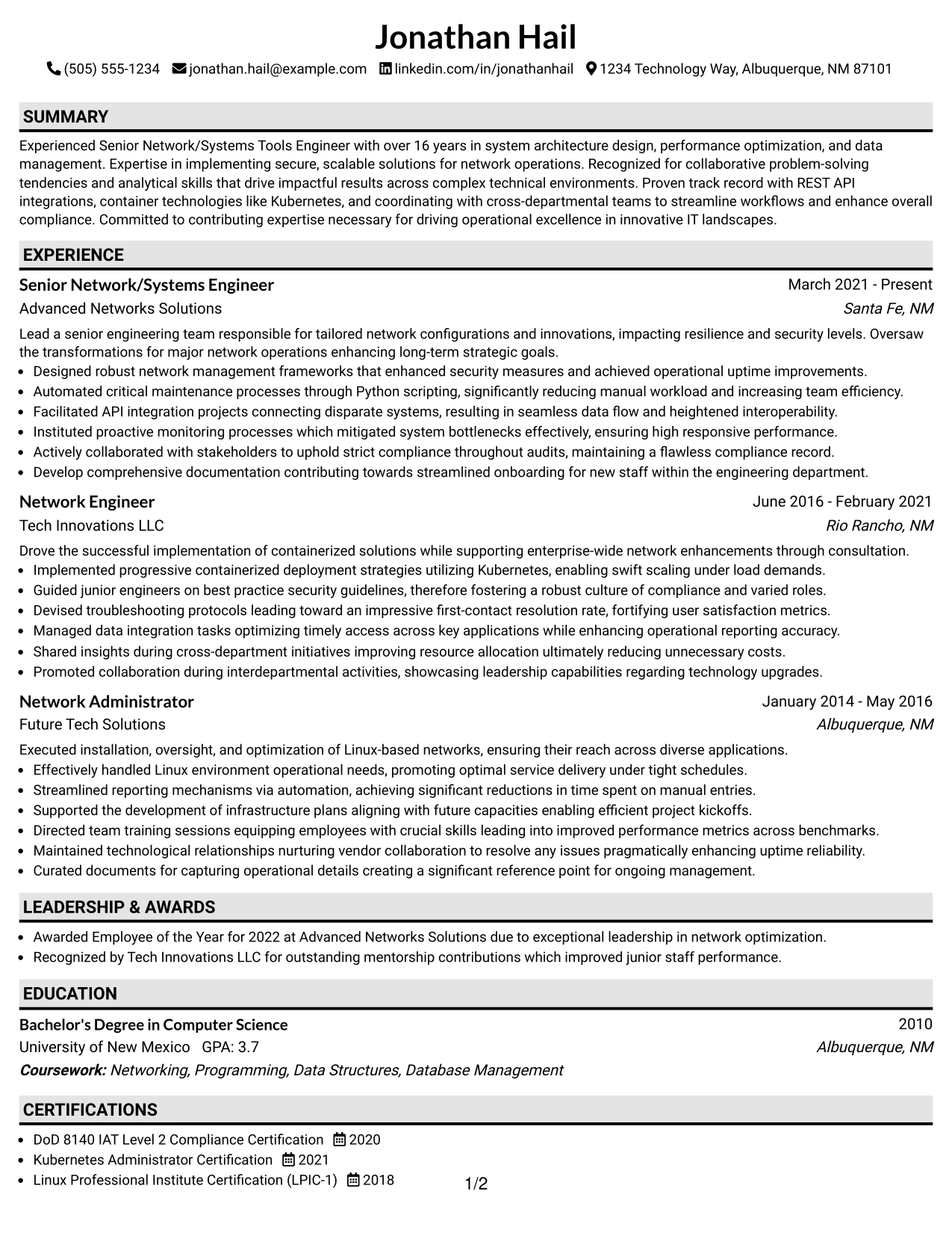 Resume Example Page 1