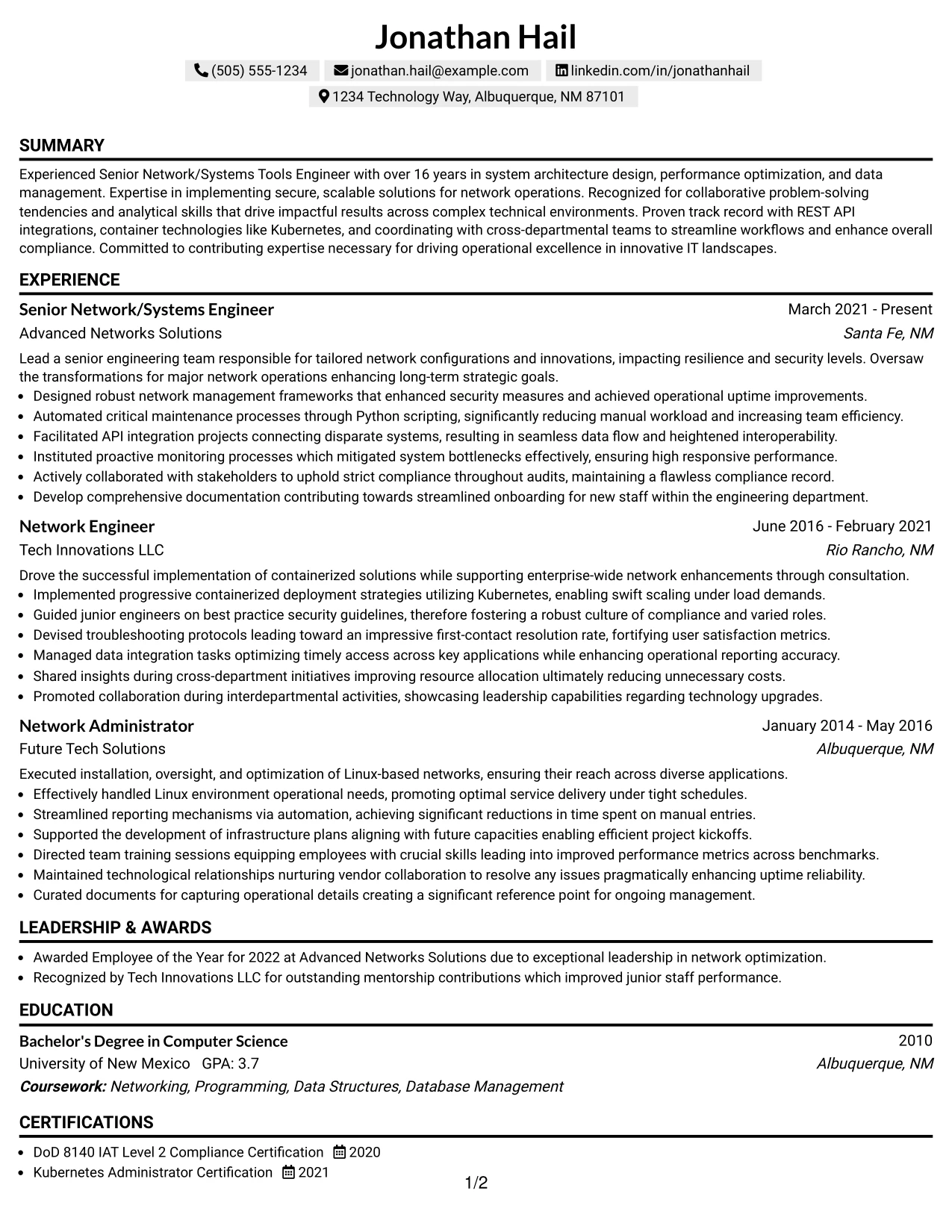 Resume Example Page 1